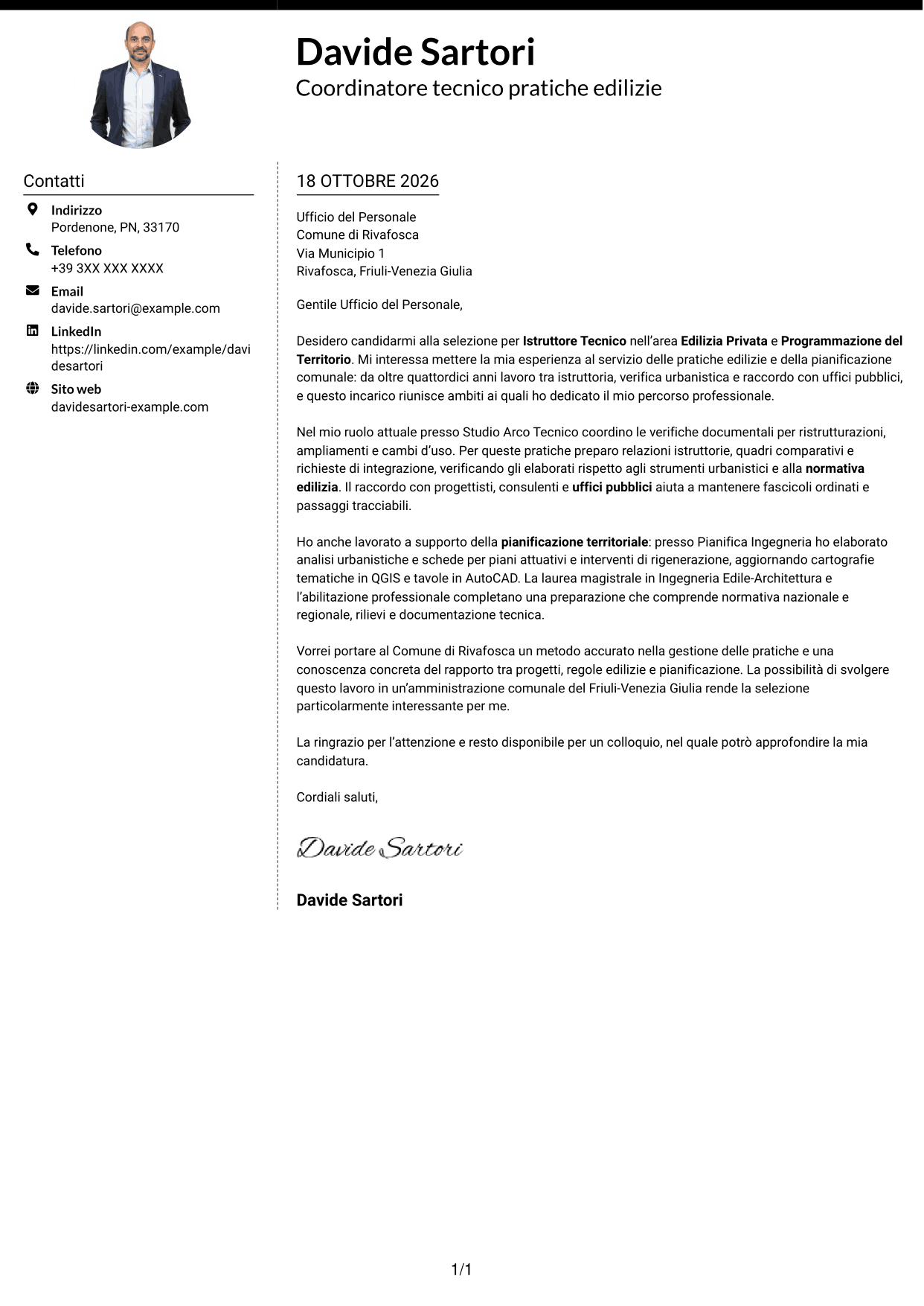 Lettera di presentazione Moderno (formato a due colonne con foto a sinistra e separatore): Istruttore Tecnico - Edilizia Privata e Programmazione del Territorio, pagina 1