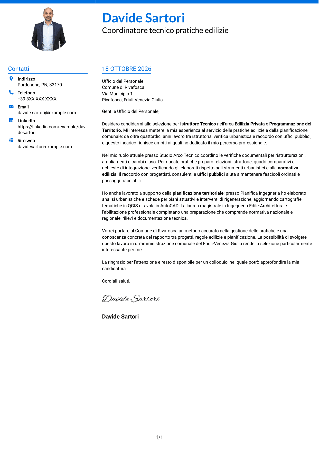 Lettera di presentazione Audace (formato a due colonne con accenti colorati e foto): Istruttore Tecnico - Edilizia Privata e Programmazione del Territorio, pagina 1