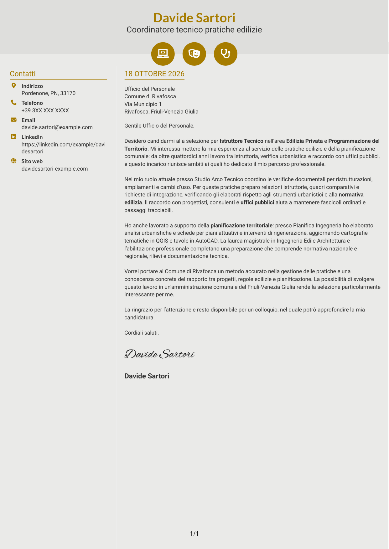 Lettera di presentazione Dinamico (formato a due colonne con icone): Istruttore Tecnico - Edilizia Privata e Programmazione del Territorio, pagina 1