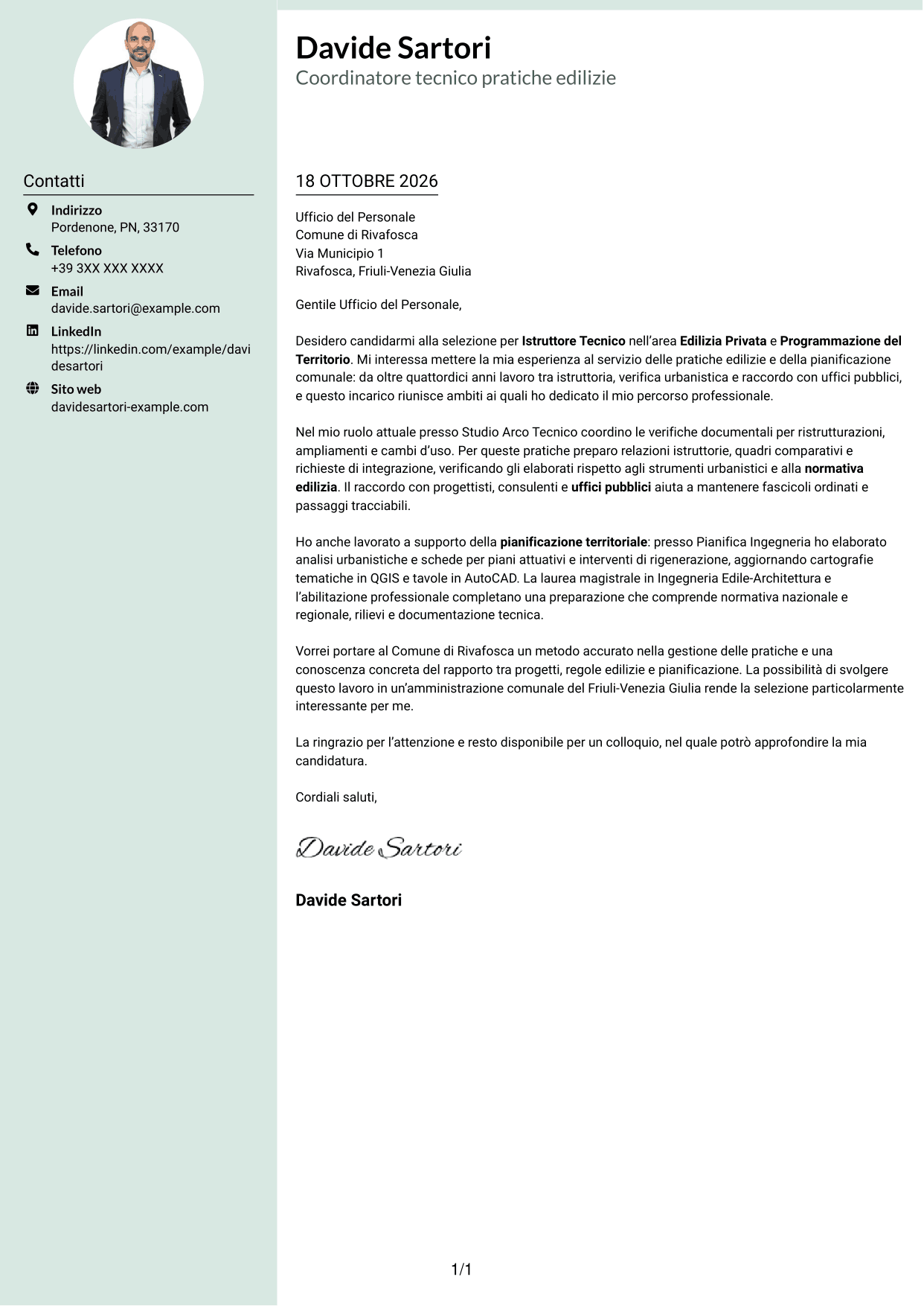 Lettera di presentazione Dirigente (formato con colonna laterale tenue e foto arrotondata): Istruttore Tecnico - Edilizia Privata e Programmazione del Territorio, pagina 1