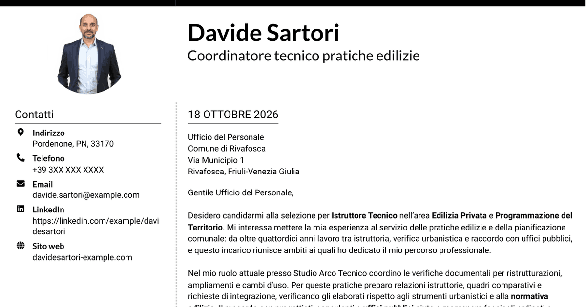 7 modelli di lettera di presentazione per Istruttore Tecnico - Edilizia Privata e Programmazione del Territorio, con esempi