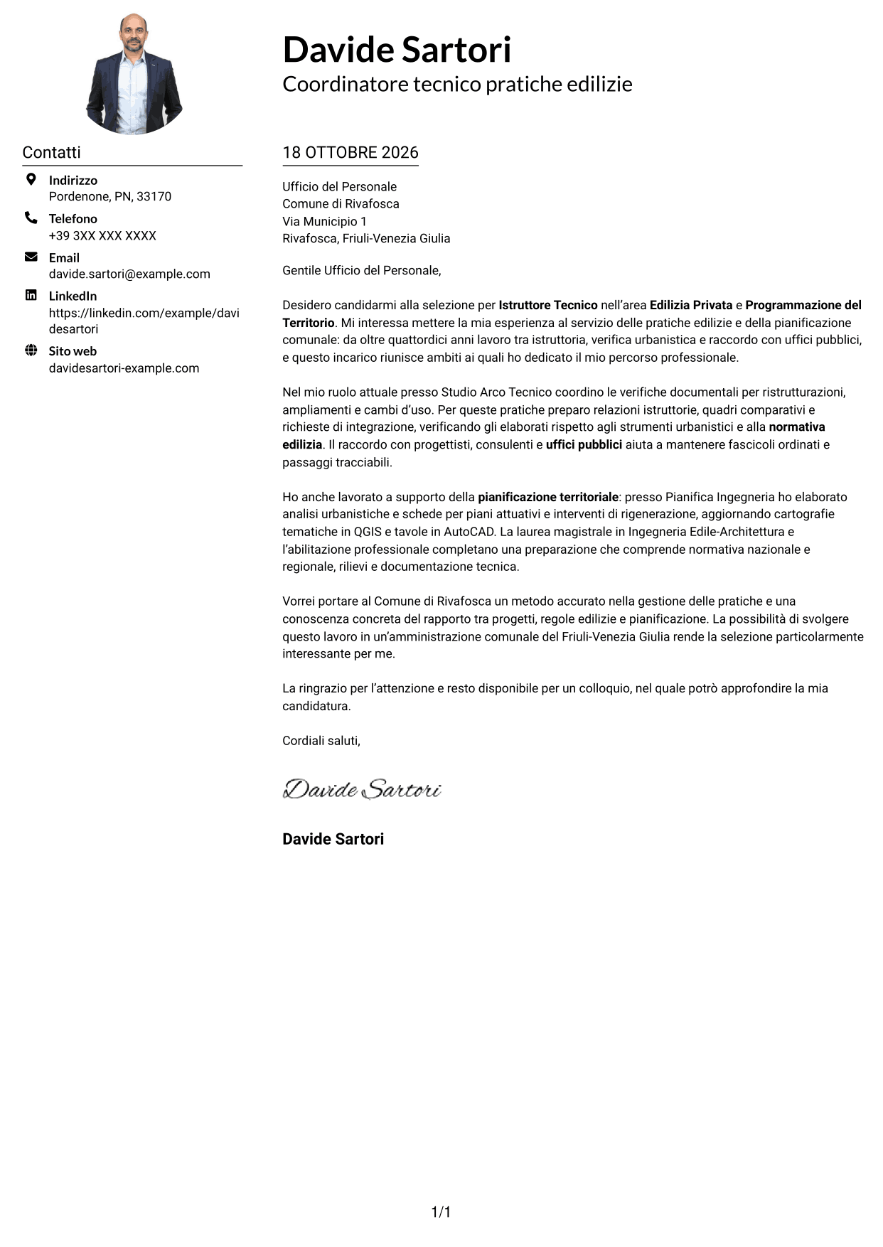 Esempio di lettera di presentazione — pagina 1