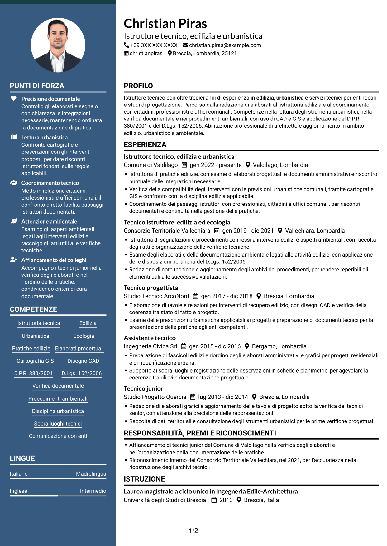 CV Elegante (formato con colonna laterale colorata e foto): Istruttore Tecnico - Edilizia, Urbanistica ed Ecologia, pagina 1