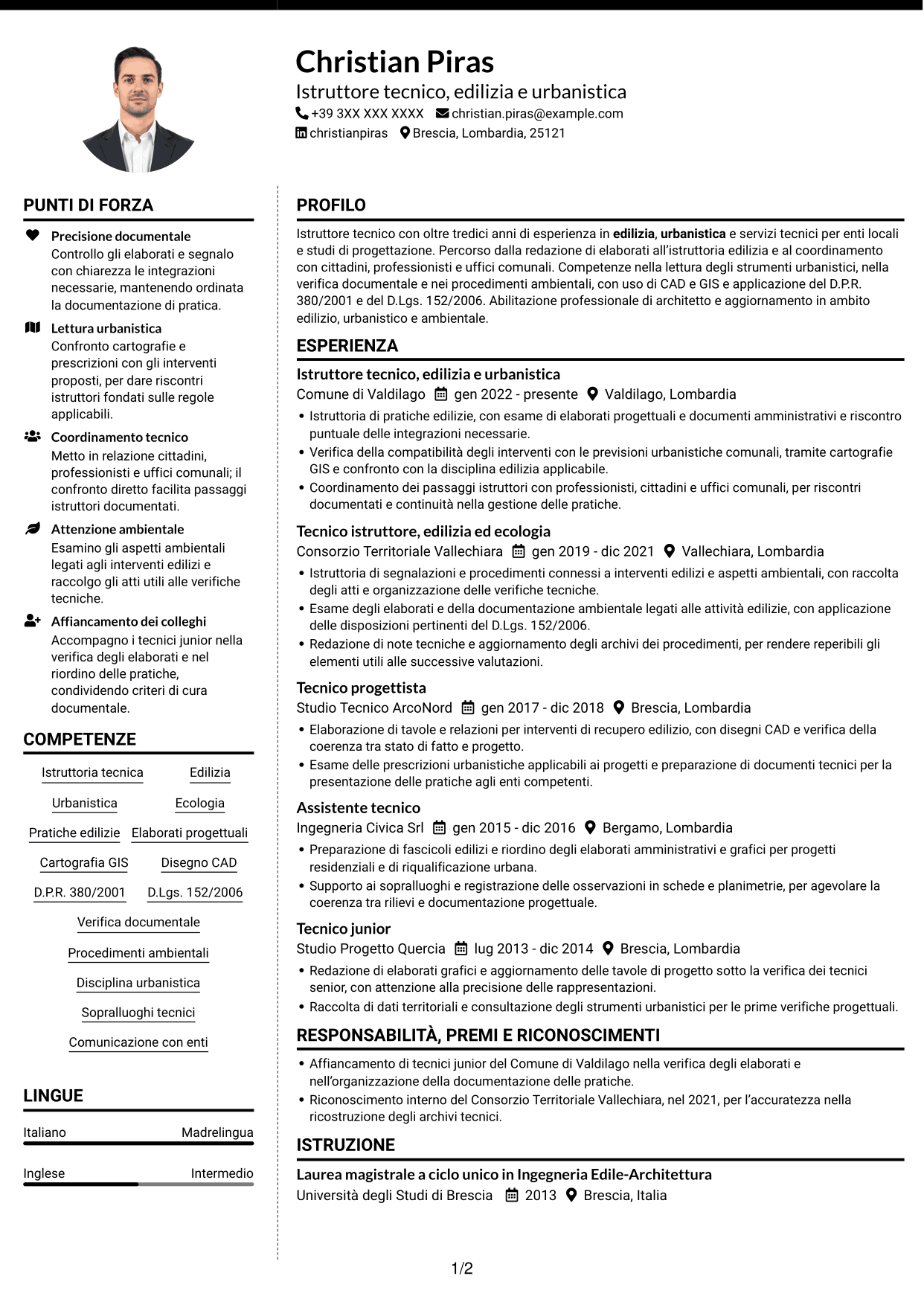 CV Moderno (formato a due colonne con foto a sinistra e separatore): Istruttore Tecnico - Edilizia, Urbanistica ed Ecologia, pagina 1