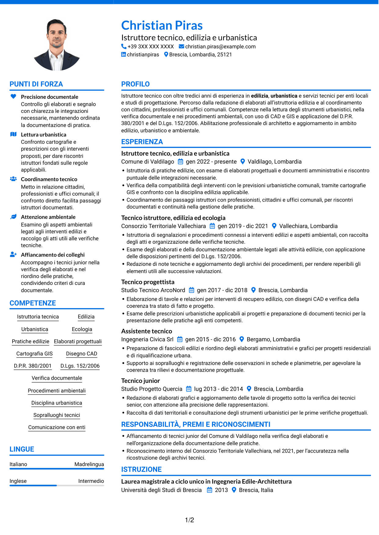 CV Audace (formato a due colonne con accenti colorati e foto): Istruttore Tecnico - Edilizia, Urbanistica ed Ecologia, pagina 1