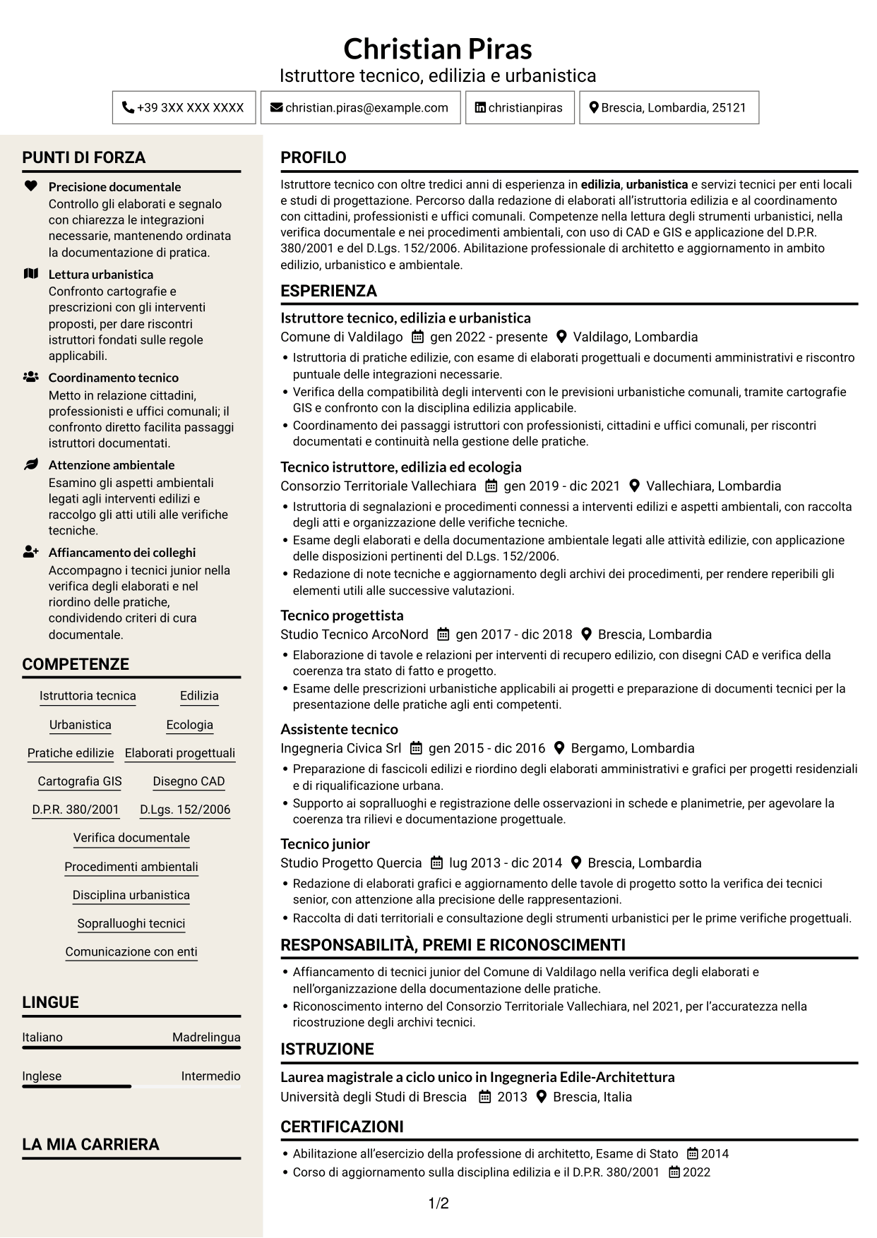 CV Intraprendente (formato a due colonne con intestazione centrata senza foto): Istruttore Tecnico - Edilizia, Urbanistica ed Ecologia, pagina 1