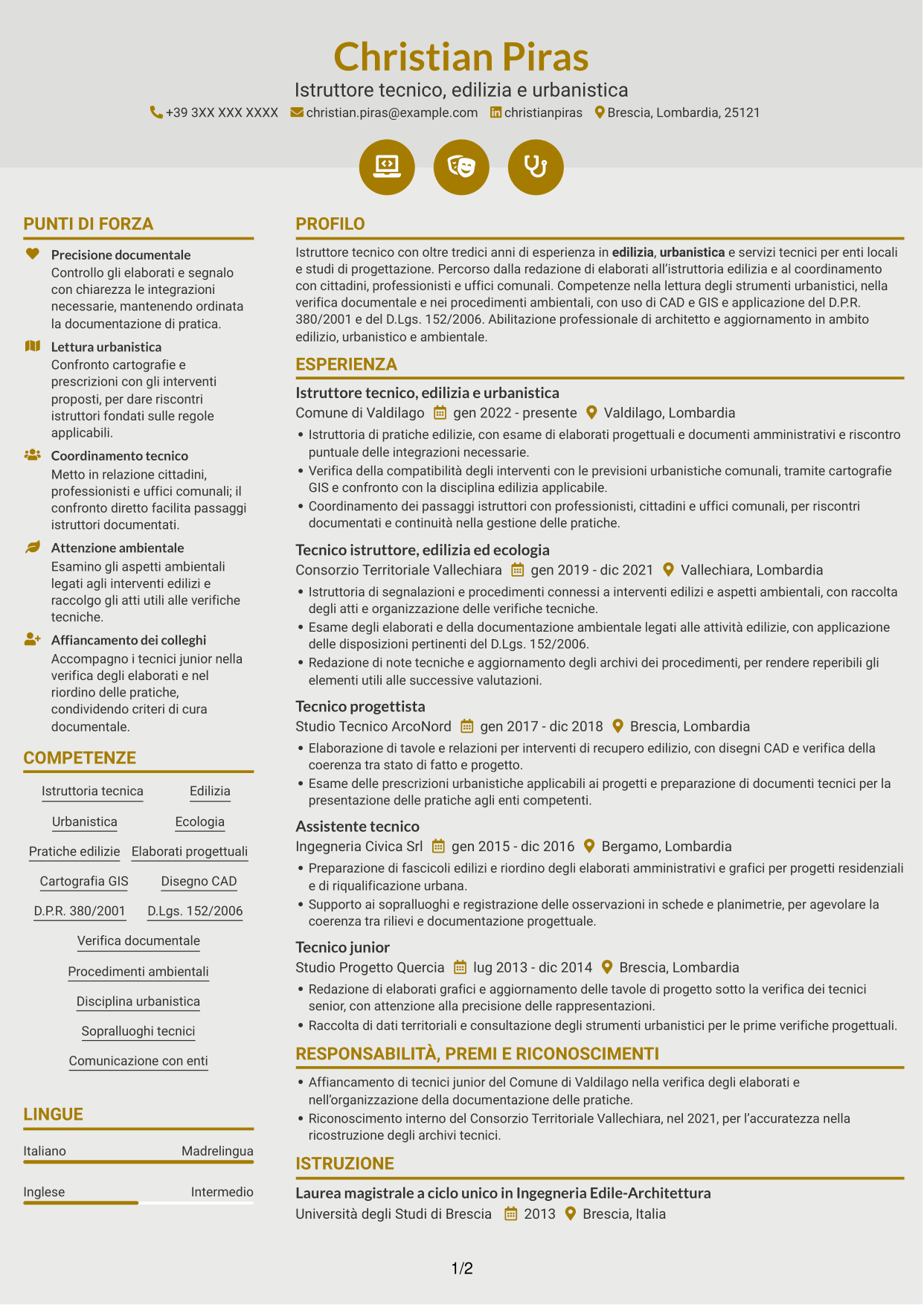 CV Dinamico (formato a due colonne con icone): Istruttore Tecnico - Edilizia, Urbanistica ed Ecologia, pagina 1
