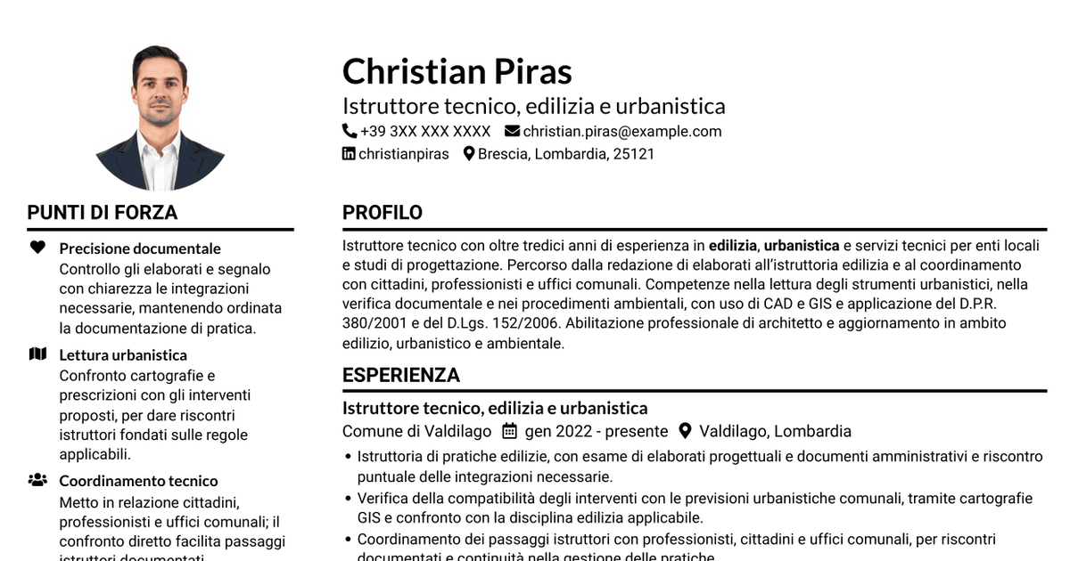 7 modelli di CV per Istruttore Tecnico - Edilizia, Urbanistica ed Ecologia, con esempi