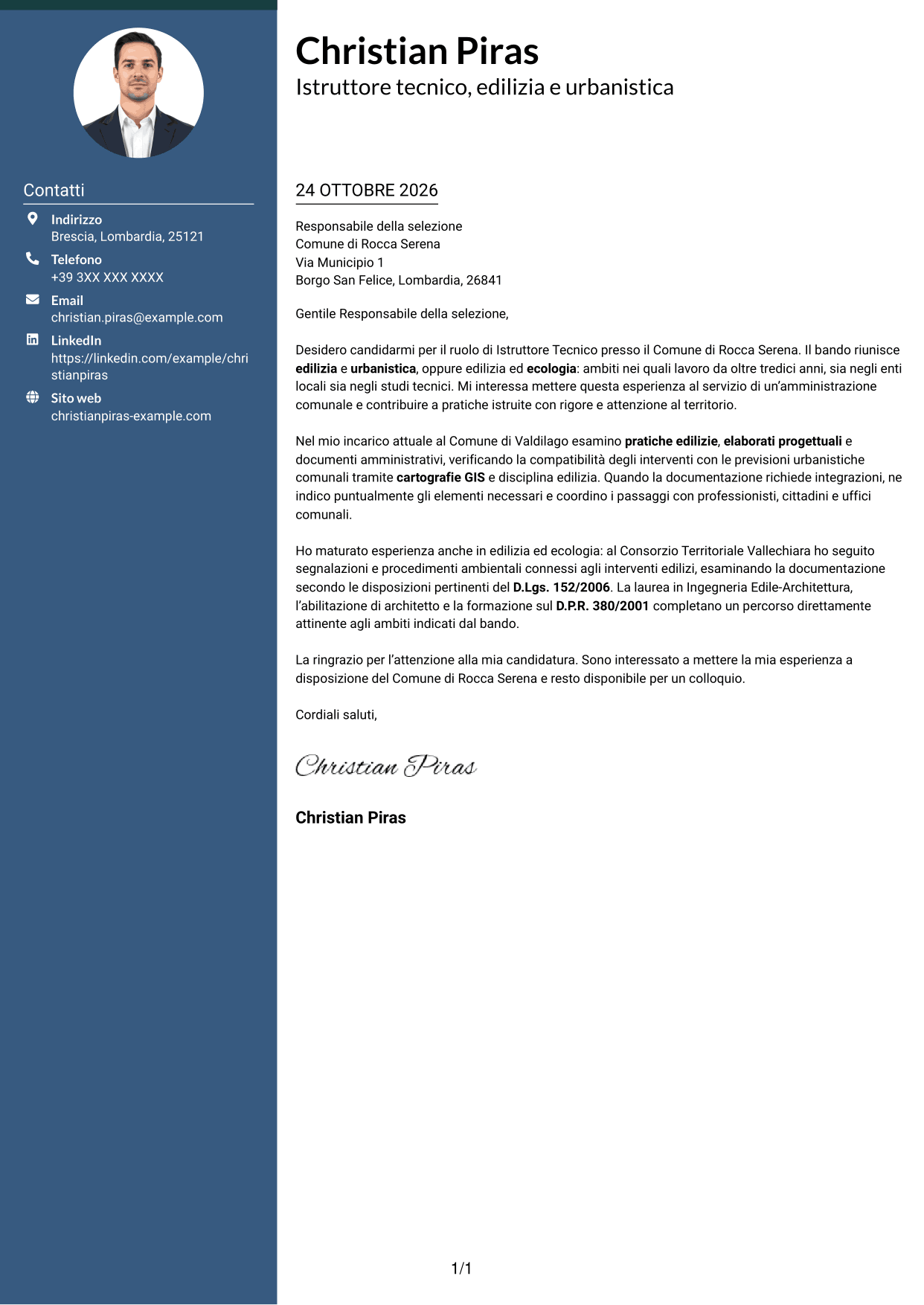 Lettera di presentazione Elegante (formato con colonna laterale colorata e foto): Istruttore Tecnico - Edilizia, Urbanistica ed Ecologia, pagina 1