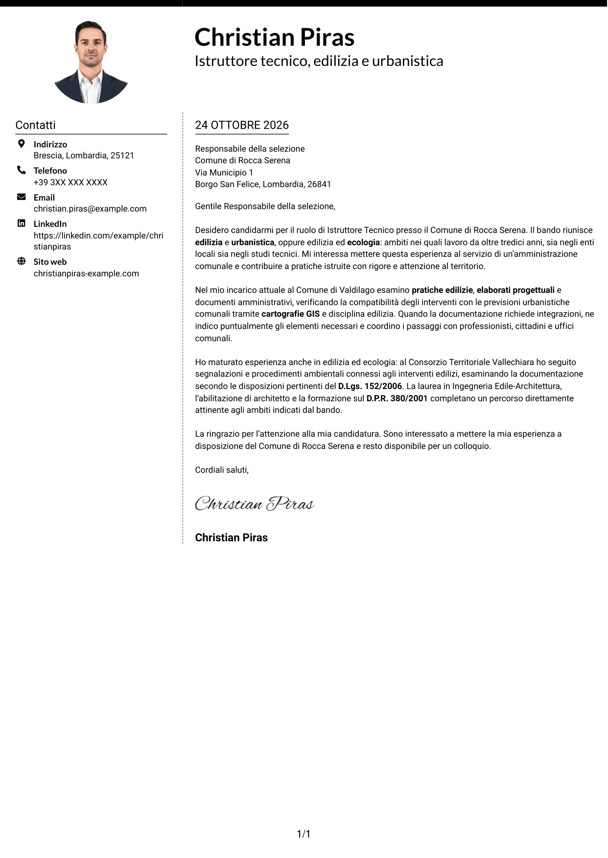 Lettera di presentazione Moderno (formato a due colonne con foto a sinistra e separatore): Istruttore Tecnico - Edilizia, Urbanistica ed Ecologia, pagina 1