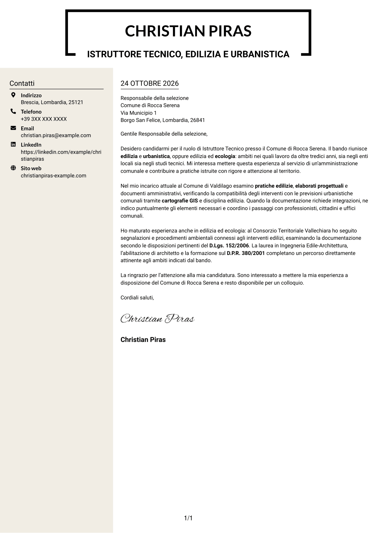 Lettera di presentazione Intraprendente (formato a due colonne con intestazione centrata senza foto): Istruttore Tecnico - Edilizia, Urbanistica ed Ecologia, pagina 1