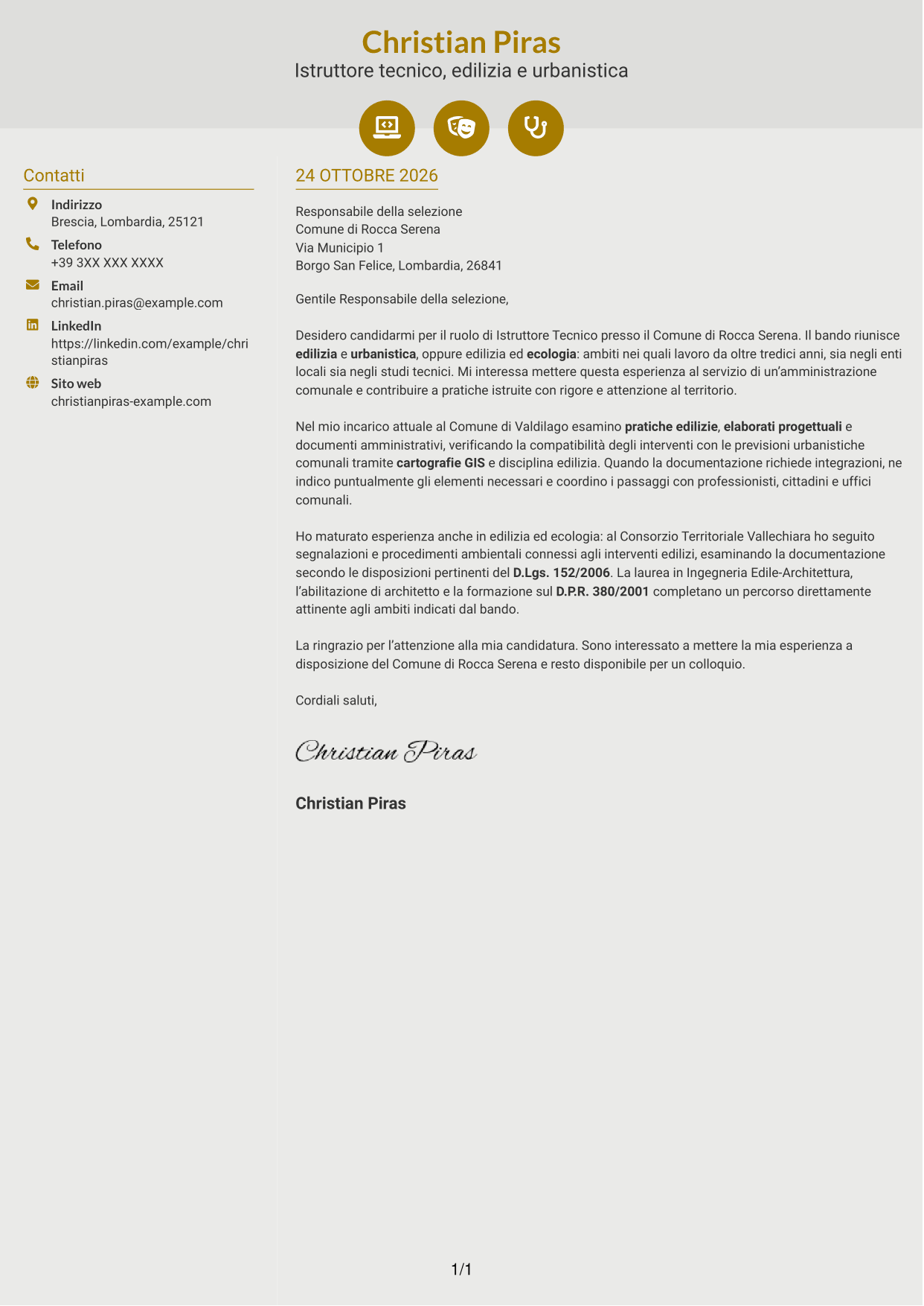 Lettera di presentazione Dinamico (formato a due colonne con icone): Istruttore Tecnico - Edilizia, Urbanistica ed Ecologia, pagina 1