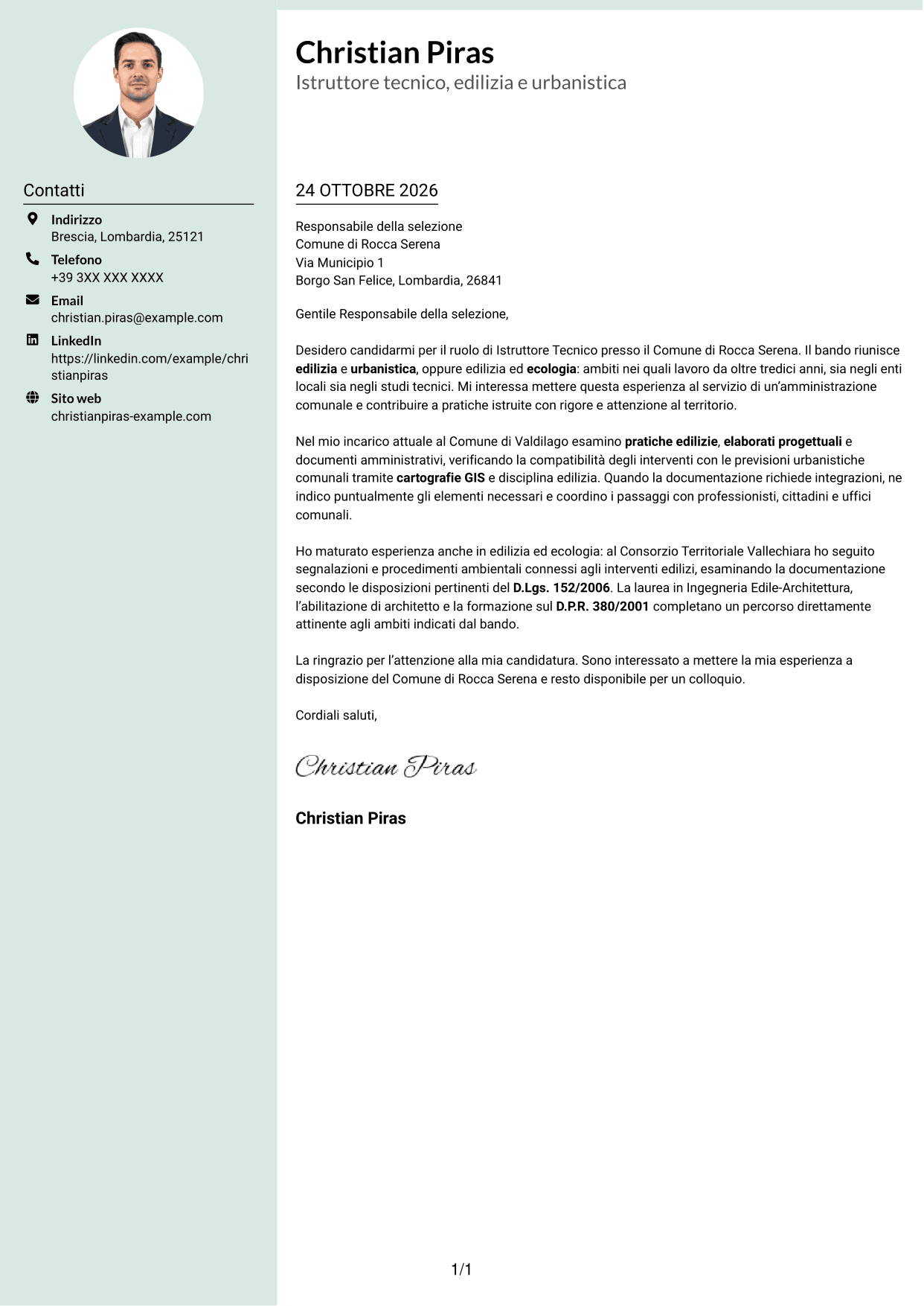 Lettera di presentazione Dirigente (formato con colonna laterale tenue e foto arrotondata): Istruttore Tecnico - Edilizia, Urbanistica ed Ecologia, pagina 1