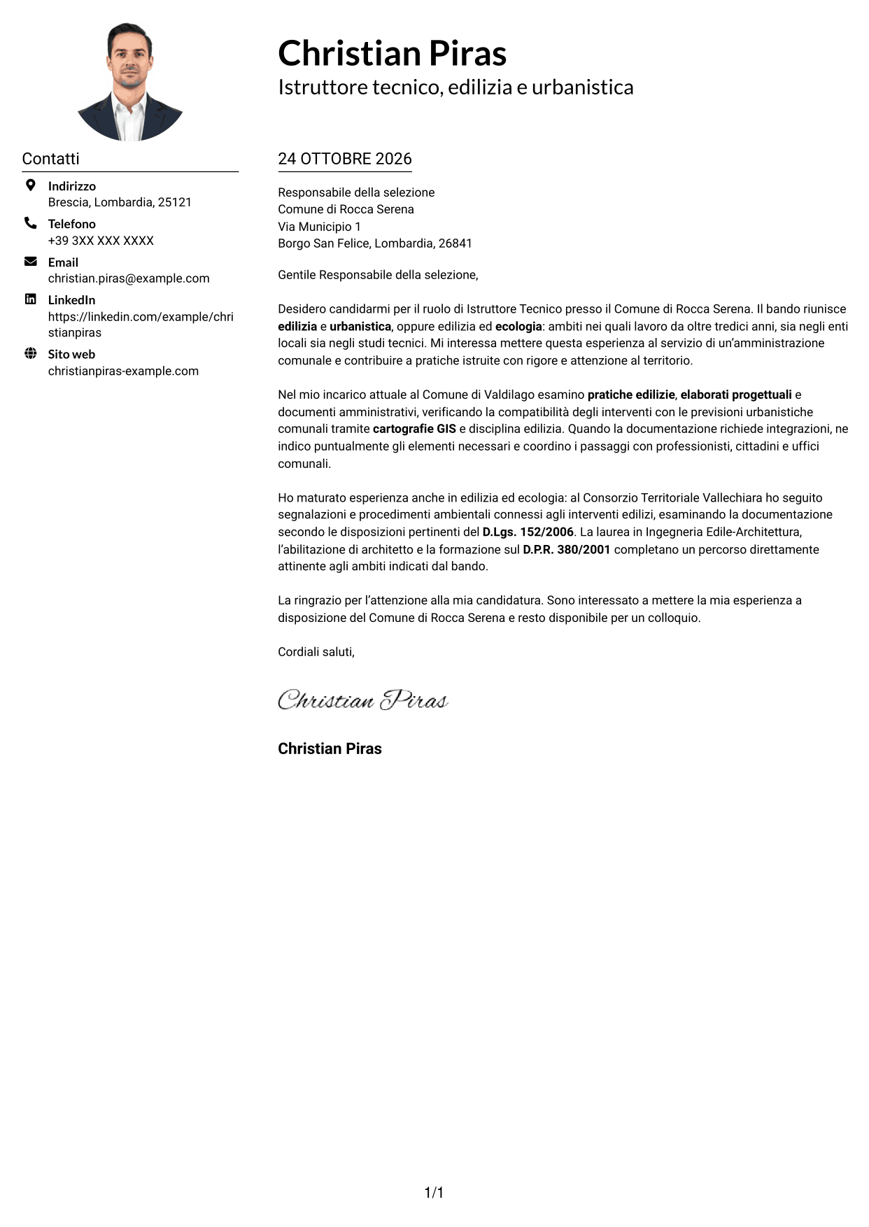 Esempio di lettera di presentazione — pagina 1