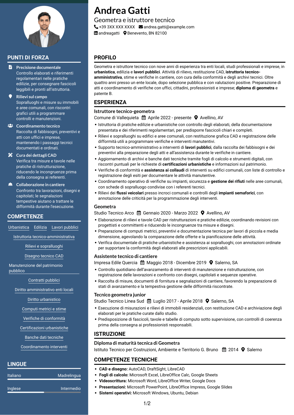 CV Elegante (formato con colonna laterale colorata e foto): Istruttore tecnico-geometra - Urbanistica e lavori pubblici, pagina 1