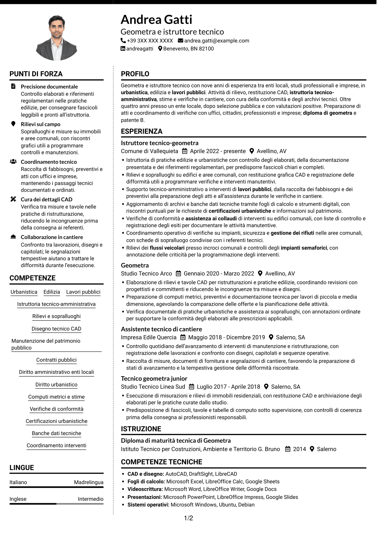 CV Moderno (formato a due colonne con foto a sinistra e separatore): Istruttore tecnico-geometra - Urbanistica e lavori pubblici, pagina 1
