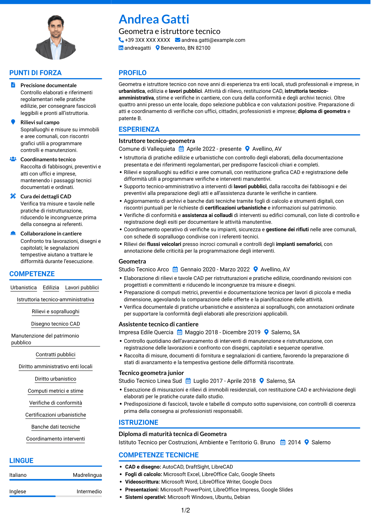 CV Audace (formato a due colonne con accenti colorati e foto): Istruttore tecnico-geometra - Urbanistica e lavori pubblici, pagina 1