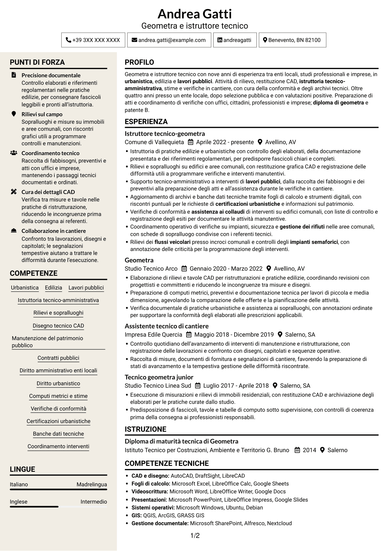 CV Intraprendente (formato a due colonne con intestazione centrata senza foto): Istruttore tecnico-geometra - Urbanistica e lavori pubblici, pagina 1