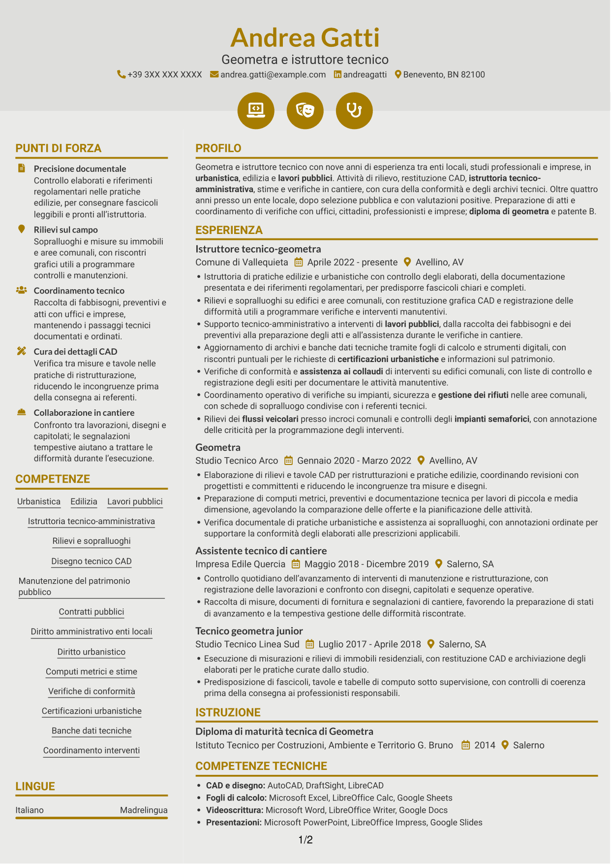 CV Dinamico (formato a due colonne con icone): Istruttore tecnico-geometra - Urbanistica e lavori pubblici, pagina 1