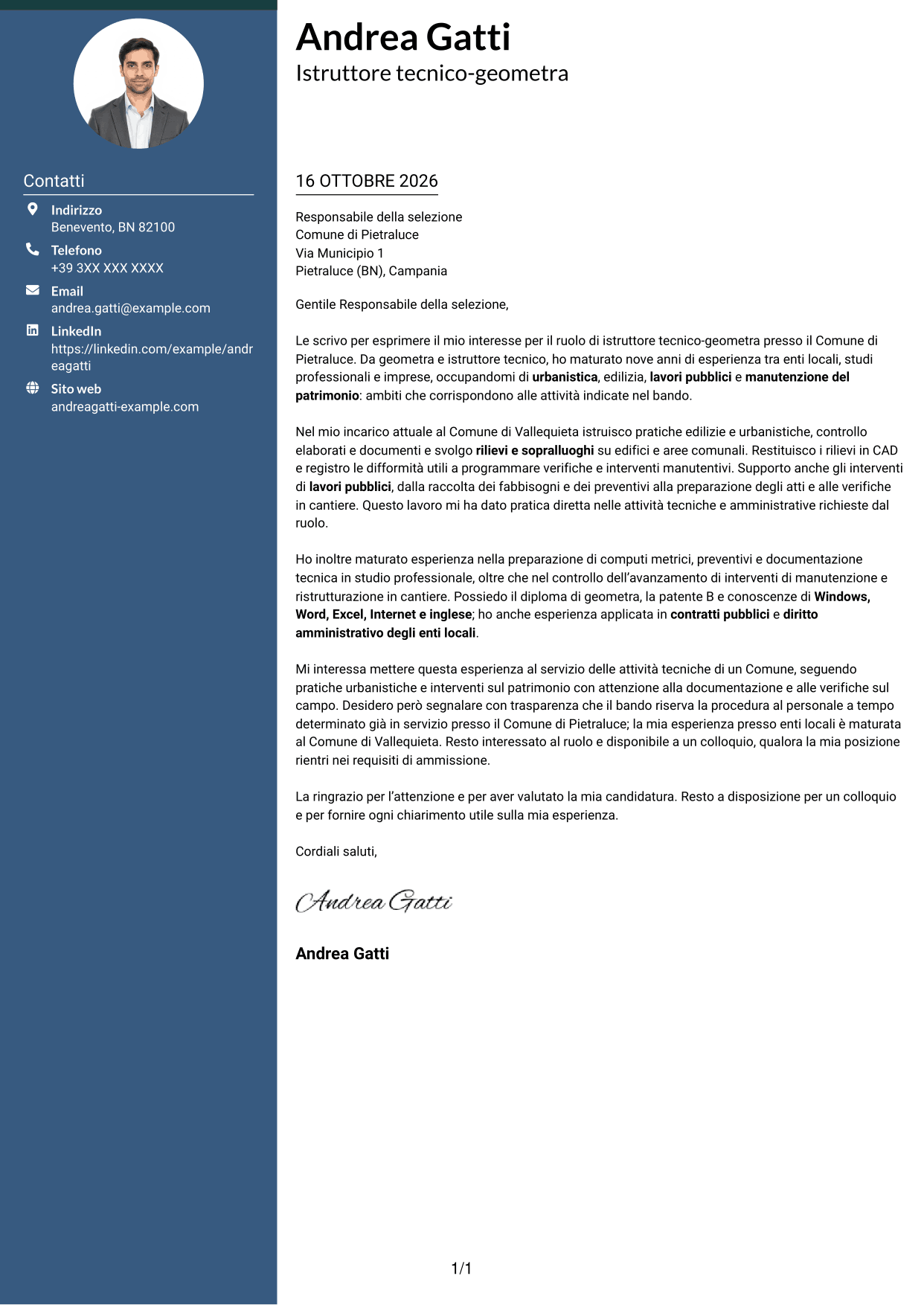 Lettera di presentazione Elegante (formato con colonna laterale colorata e foto): Istruttore tecnico-geometra - Urbanistica e lavori pubblici, pagina 1