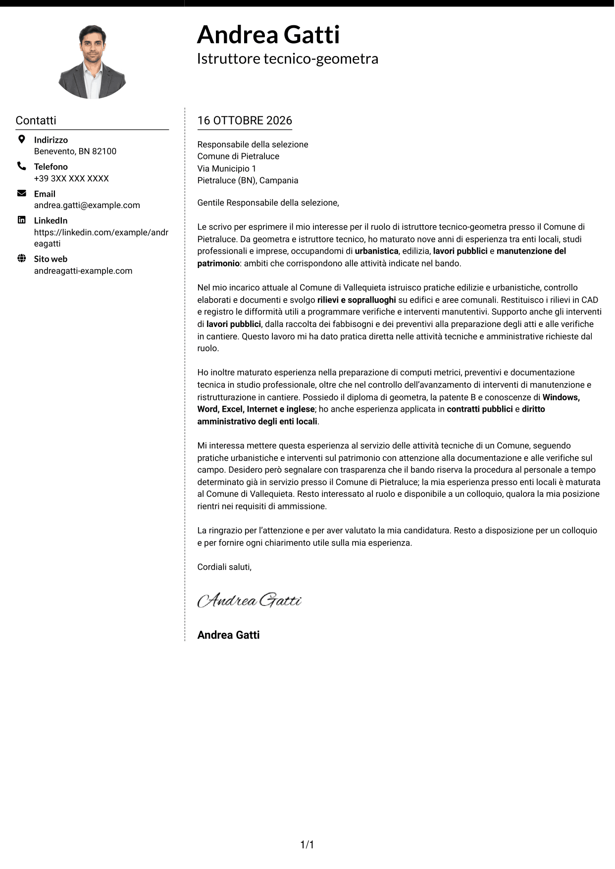 Lettera di presentazione Moderno (formato a due colonne con foto a sinistra e separatore): Istruttore tecnico-geometra - Urbanistica e lavori pubblici, pagina 1