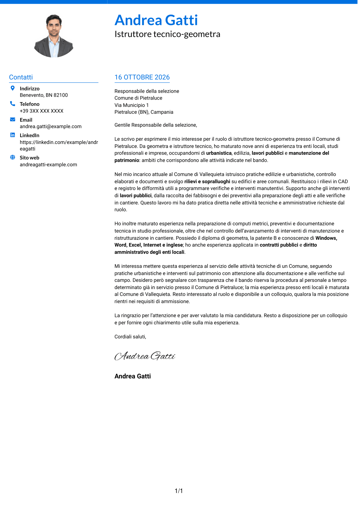 Lettera di presentazione Audace (formato a due colonne con accenti colorati e foto): Istruttore tecnico-geometra - Urbanistica e lavori pubblici, pagina 1