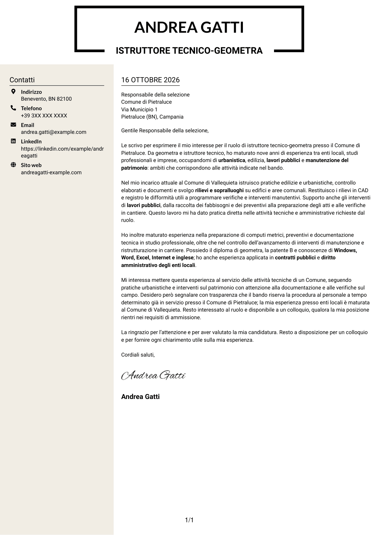 Lettera di presentazione Intraprendente (formato a due colonne con intestazione centrata senza foto): Istruttore tecnico-geometra - Urbanistica e lavori pubblici, pagina 1