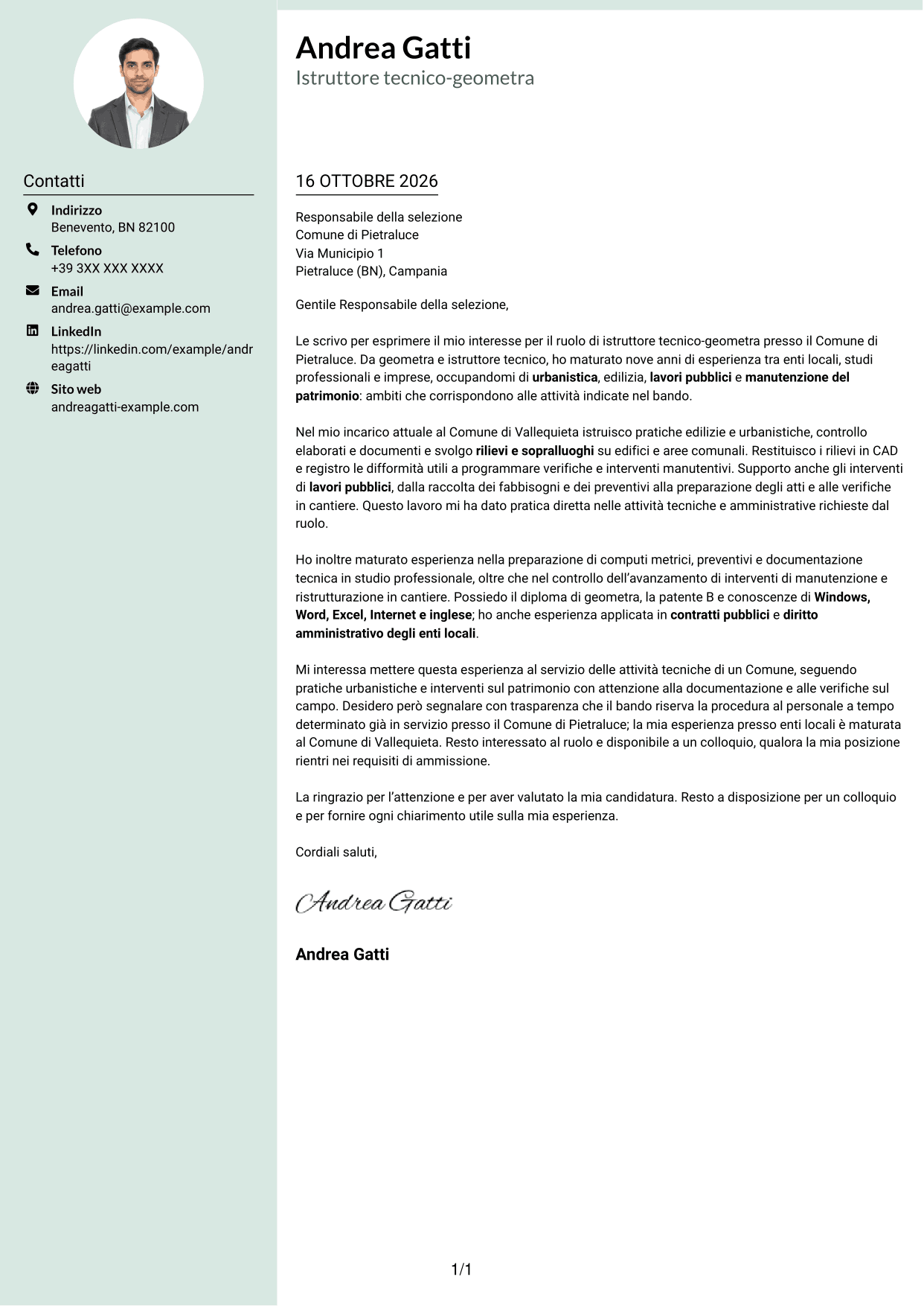 Lettera di presentazione Dirigente (formato con colonna laterale tenue e foto arrotondata): Istruttore tecnico-geometra - Urbanistica e lavori pubblici, pagina 1