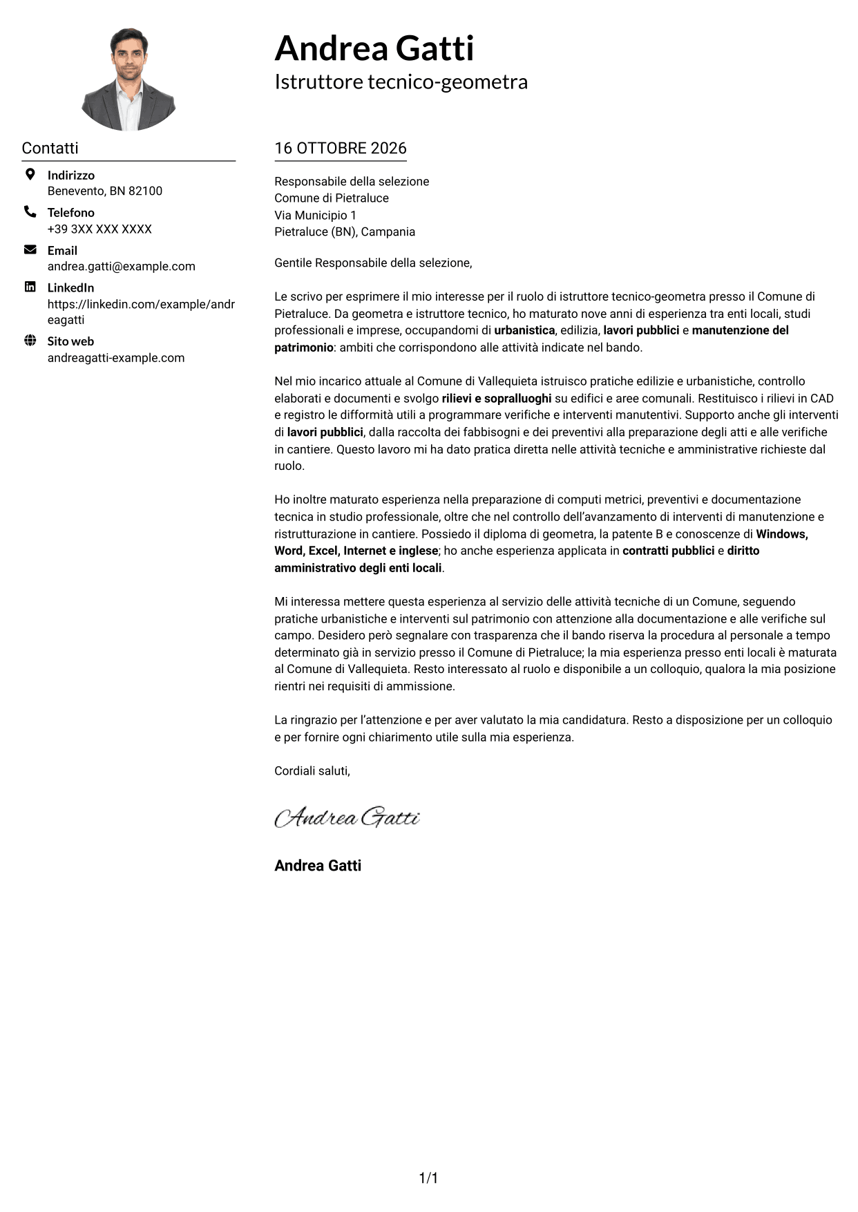 Esempio di lettera di presentazione — pagina 1