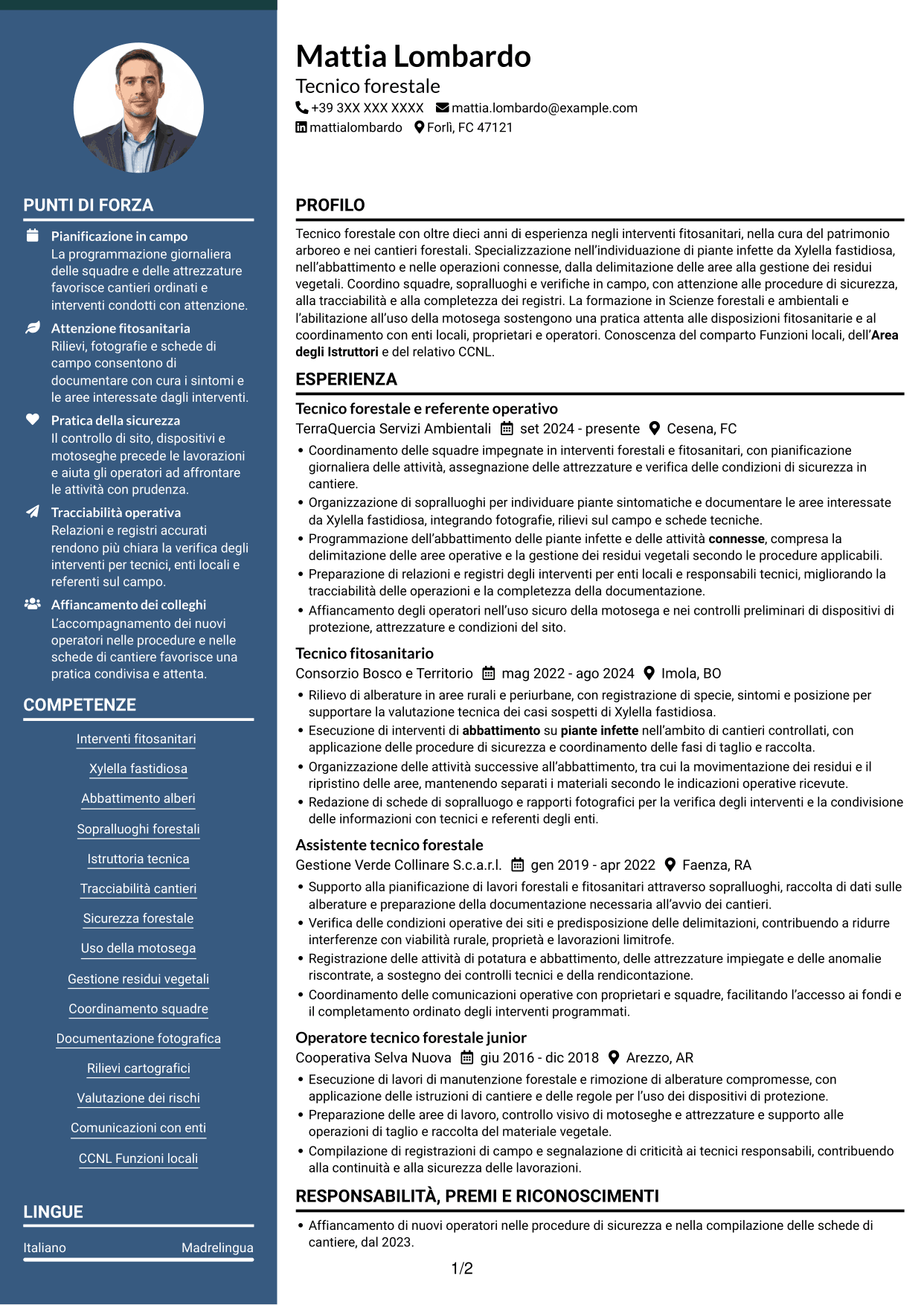 CV Elegante (formato con colonna laterale colorata e foto): Istruttore tecnico - Interventi fitosanitari su Xylella fastidiosa, pagina 1