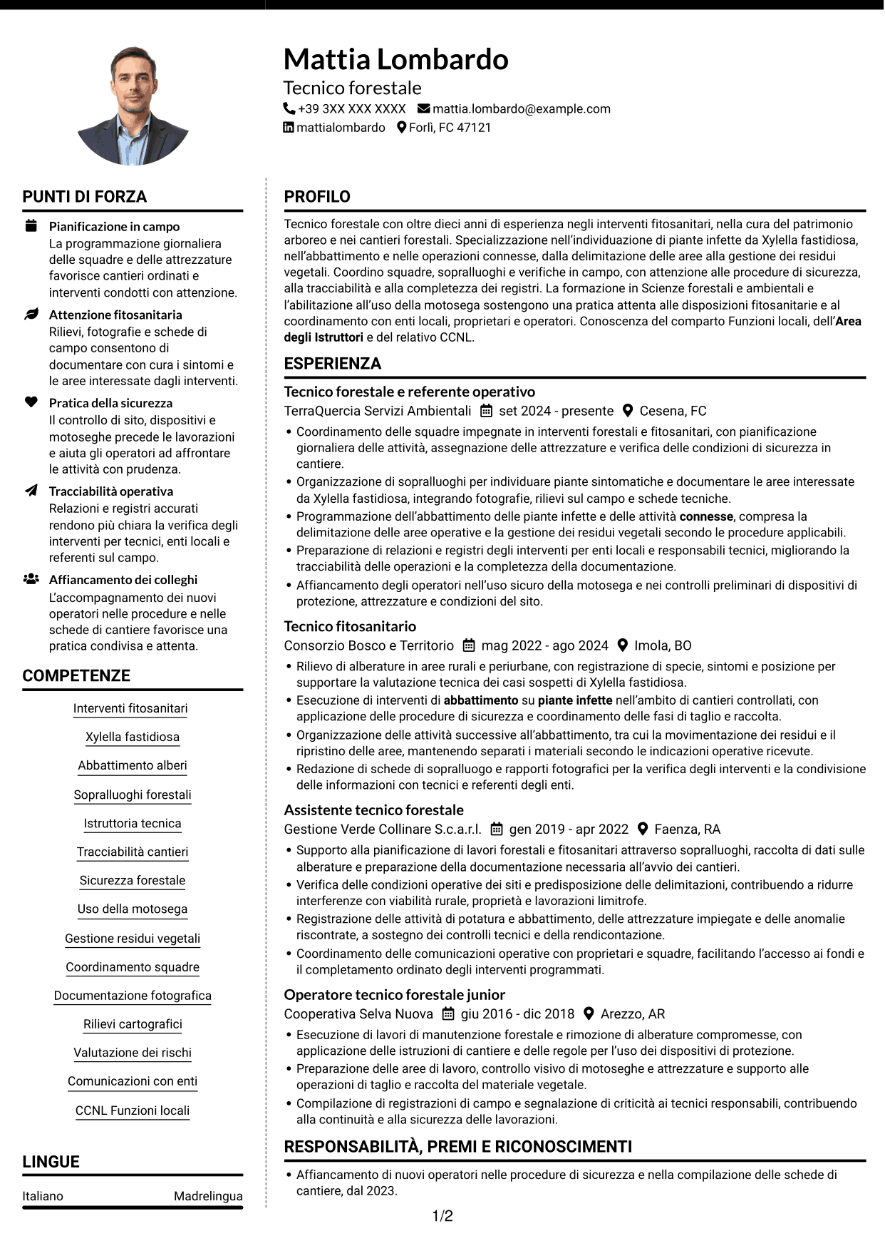 CV Moderno (formato a due colonne con foto a sinistra e separatore): Istruttore tecnico - Interventi fitosanitari su Xylella fastidiosa, pagina 1