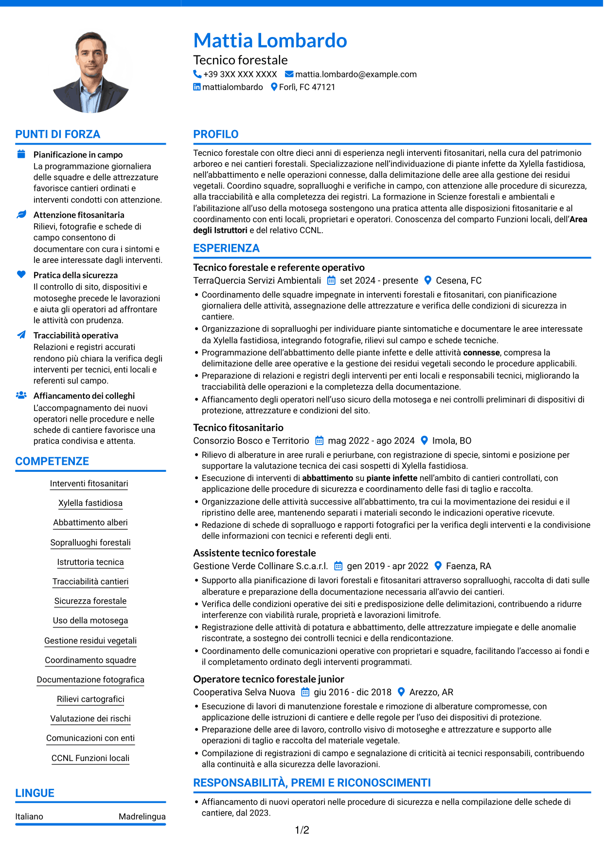CV Audace (formato a due colonne con accenti colorati e foto): Istruttore tecnico - Interventi fitosanitari su Xylella fastidiosa, pagina 1
