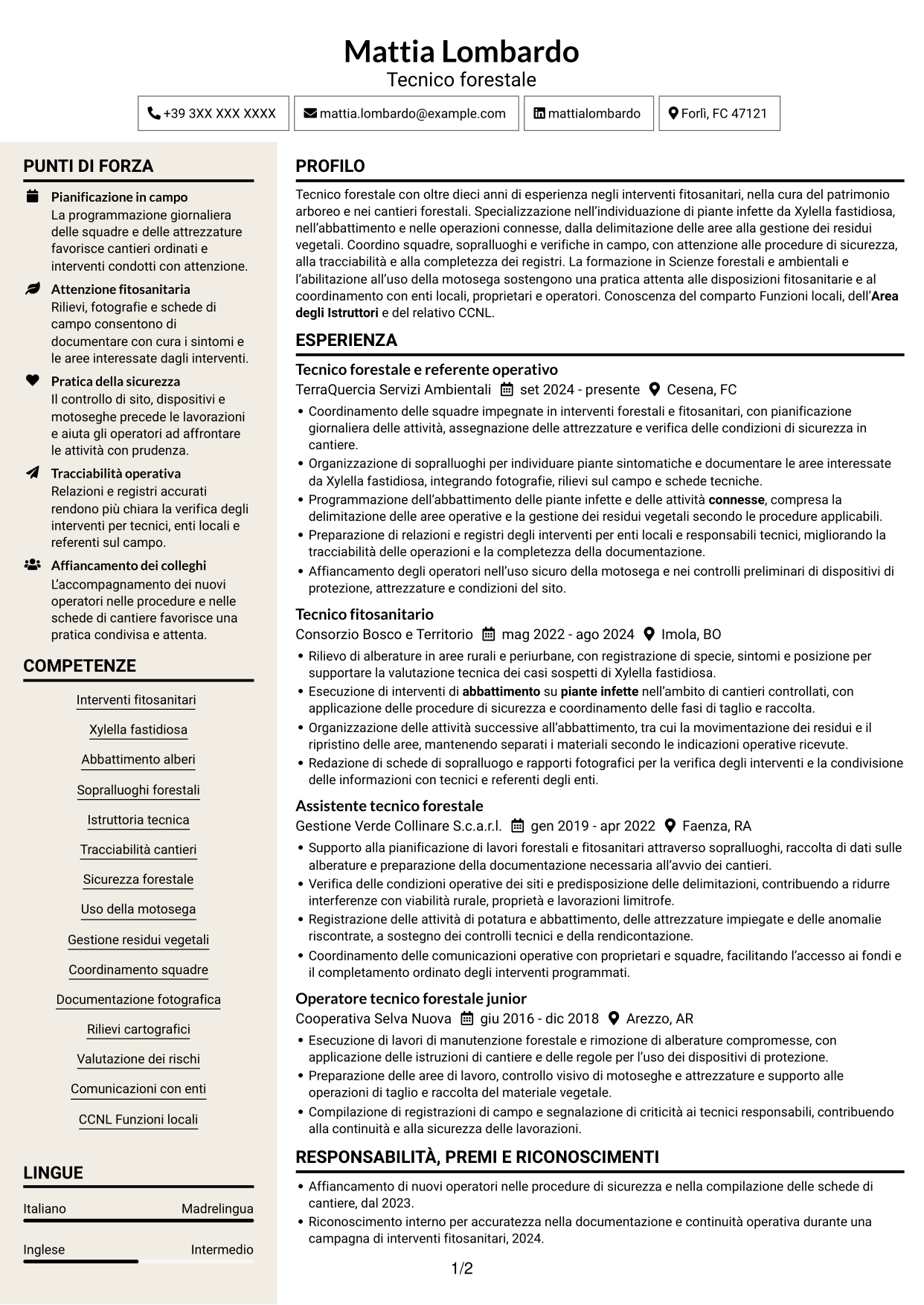 CV Intraprendente (formato a due colonne con intestazione centrata senza foto): Istruttore tecnico - Interventi fitosanitari su Xylella fastidiosa, pagina 1