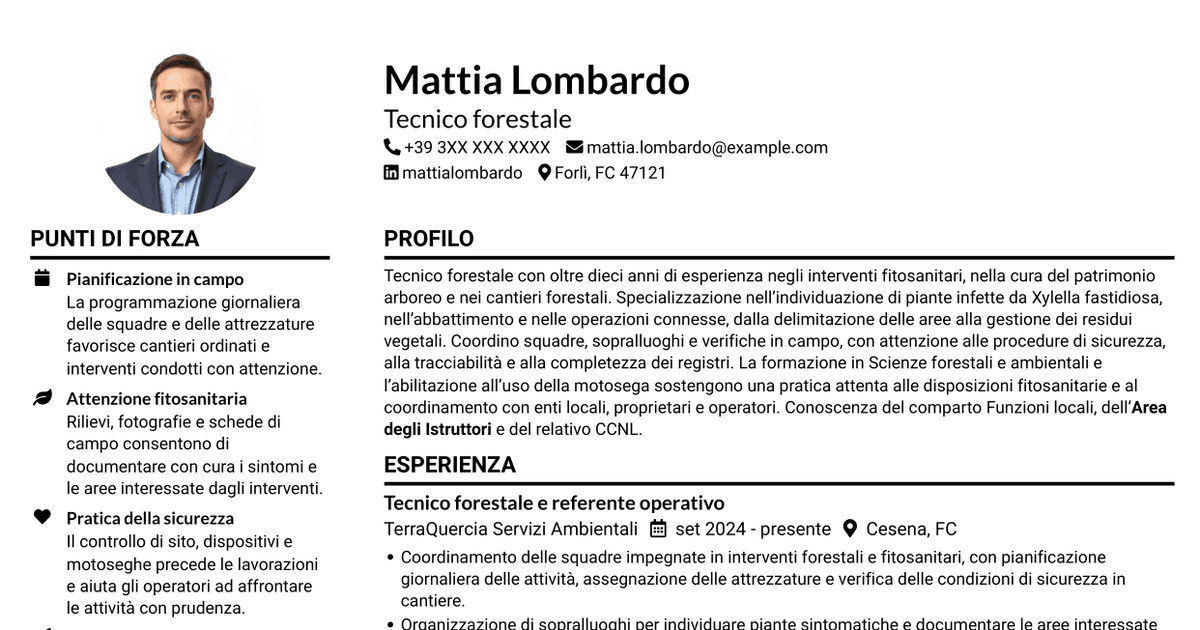 7 modelli di CV per Istruttore tecnico - Interventi fitosanitari su Xylella fastidiosa, con esempi
