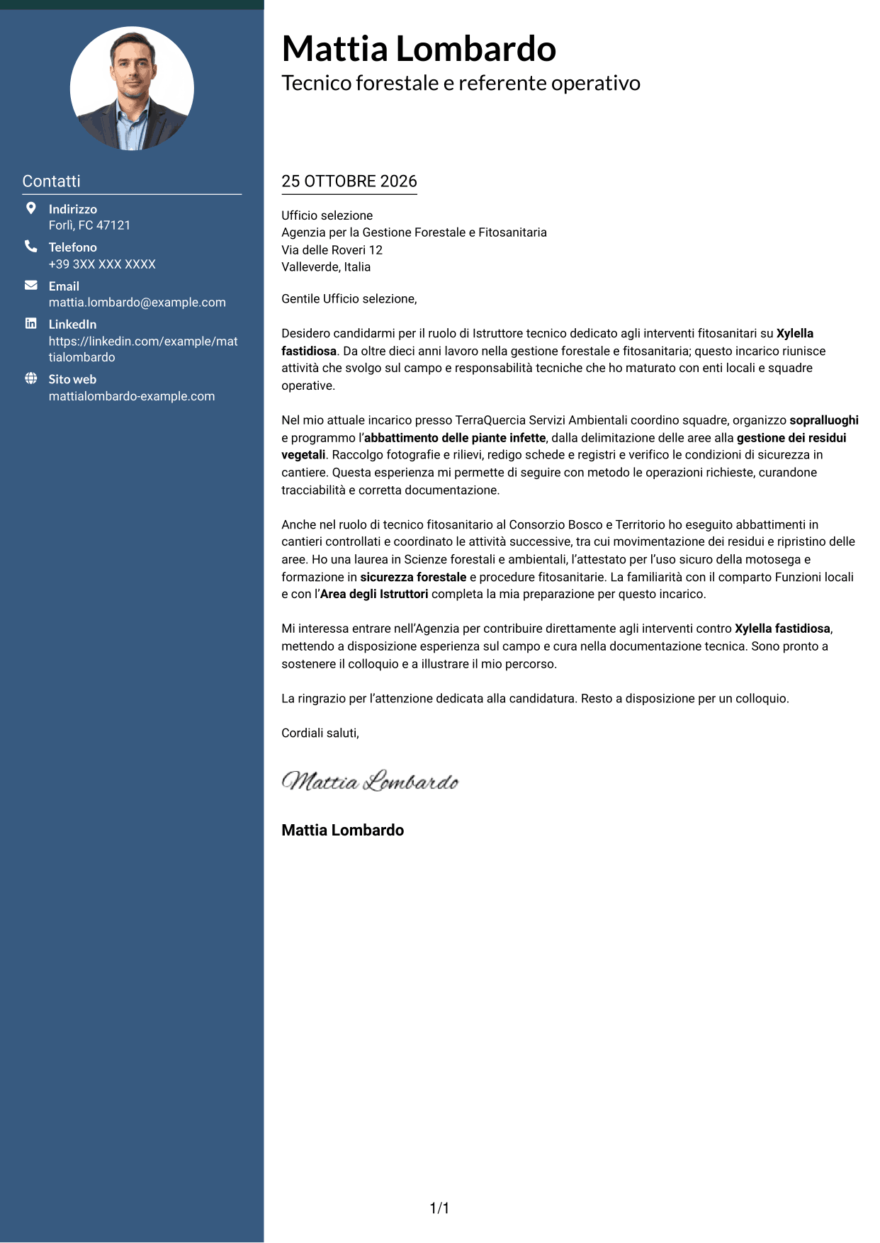Lettera di presentazione Elegante (formato con colonna laterale colorata e foto): Istruttore tecnico - Interventi fitosanitari su Xylella fastidiosa, pagina 1