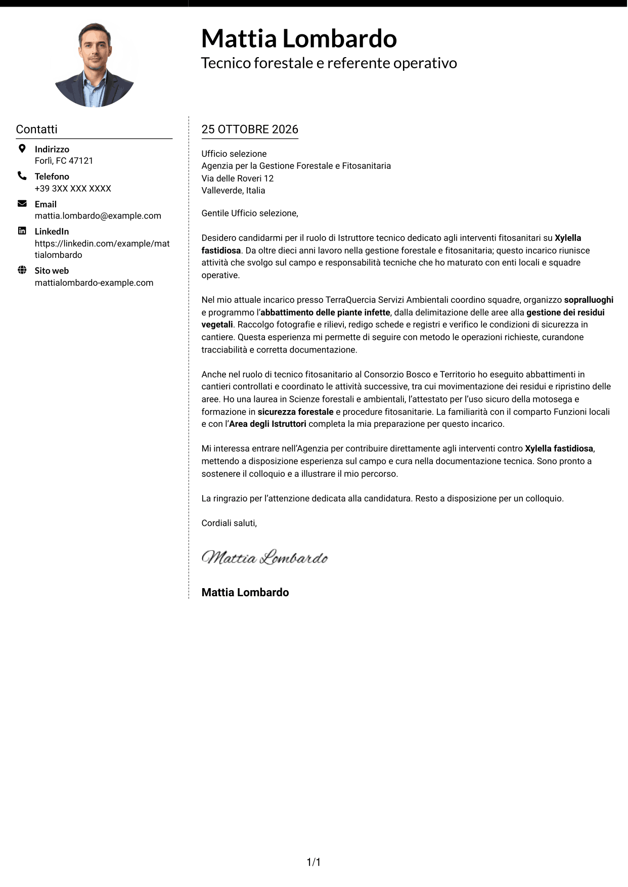 Lettera di presentazione Moderno (formato a due colonne con foto a sinistra e separatore): Istruttore tecnico - Interventi fitosanitari su Xylella fastidiosa, pagina 1
