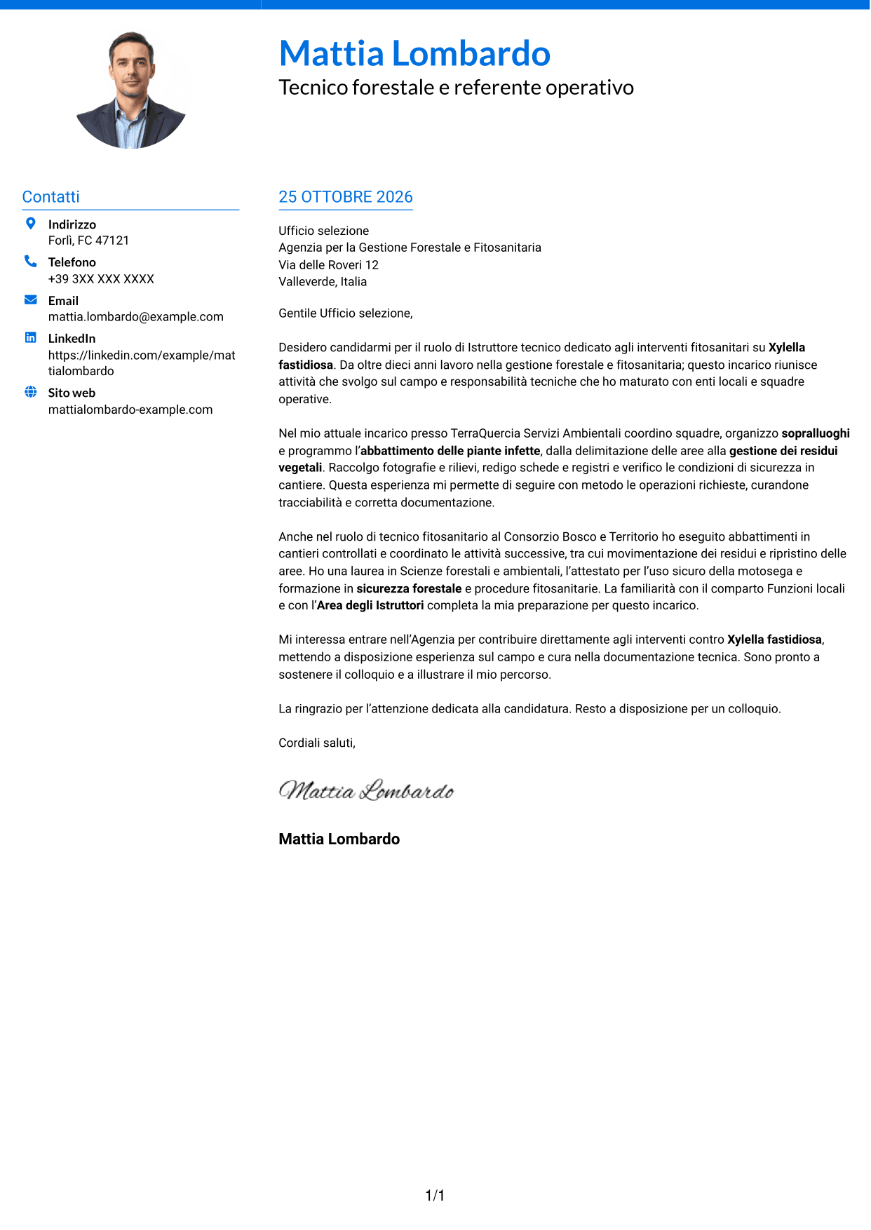 Lettera di presentazione Audace (formato a due colonne con accenti colorati e foto): Istruttore tecnico - Interventi fitosanitari su Xylella fastidiosa, pagina 1