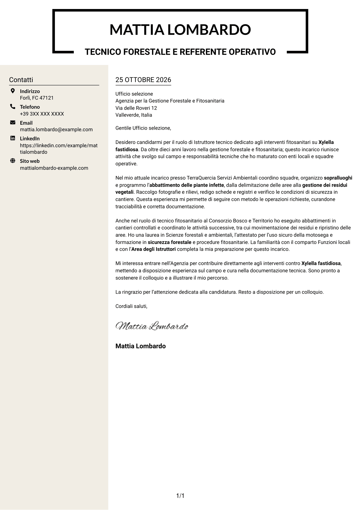 Lettera di presentazione Intraprendente (formato a due colonne con intestazione centrata senza foto): Istruttore tecnico - Interventi fitosanitari su Xylella fastidiosa, pagina 1