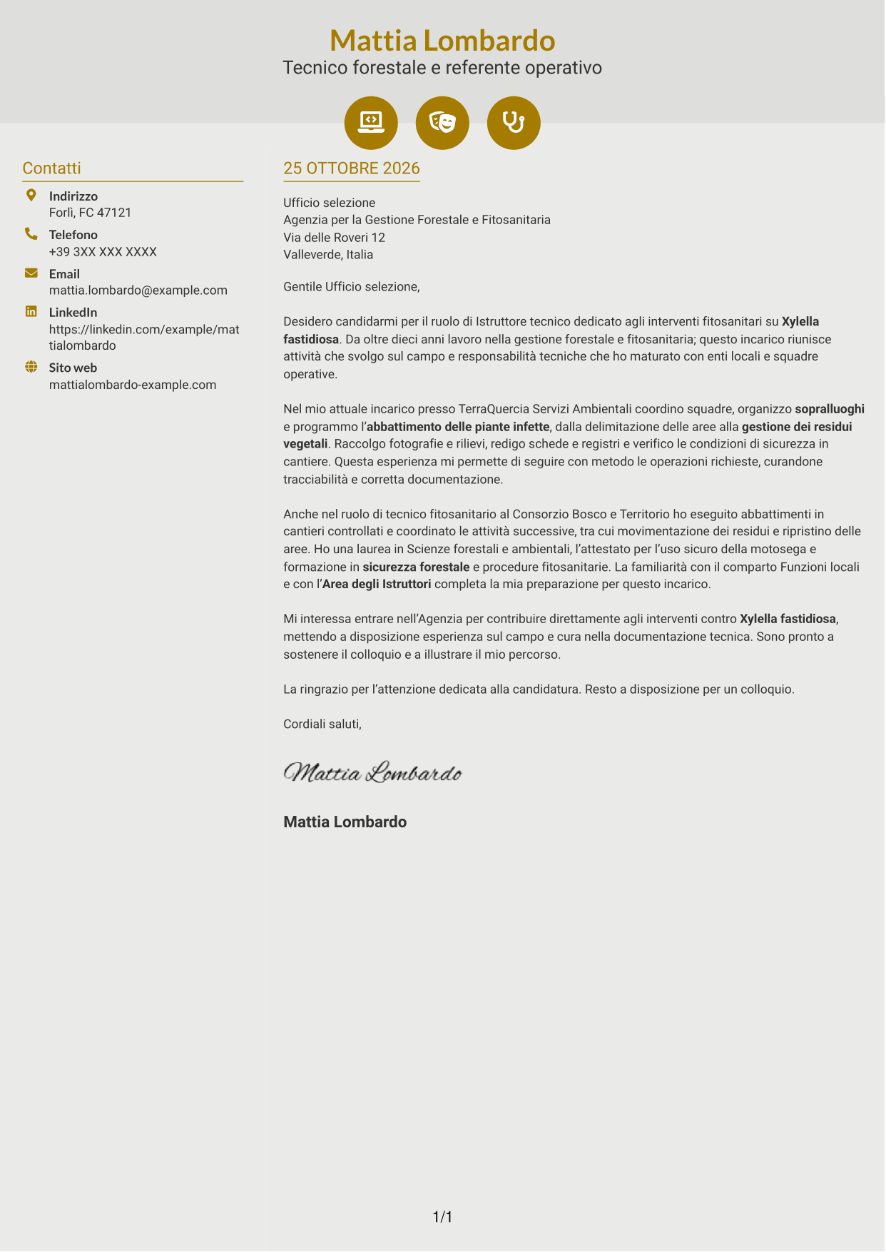 Lettera di presentazione Dinamico (formato a due colonne con icone): Istruttore tecnico - Interventi fitosanitari su Xylella fastidiosa, pagina 1