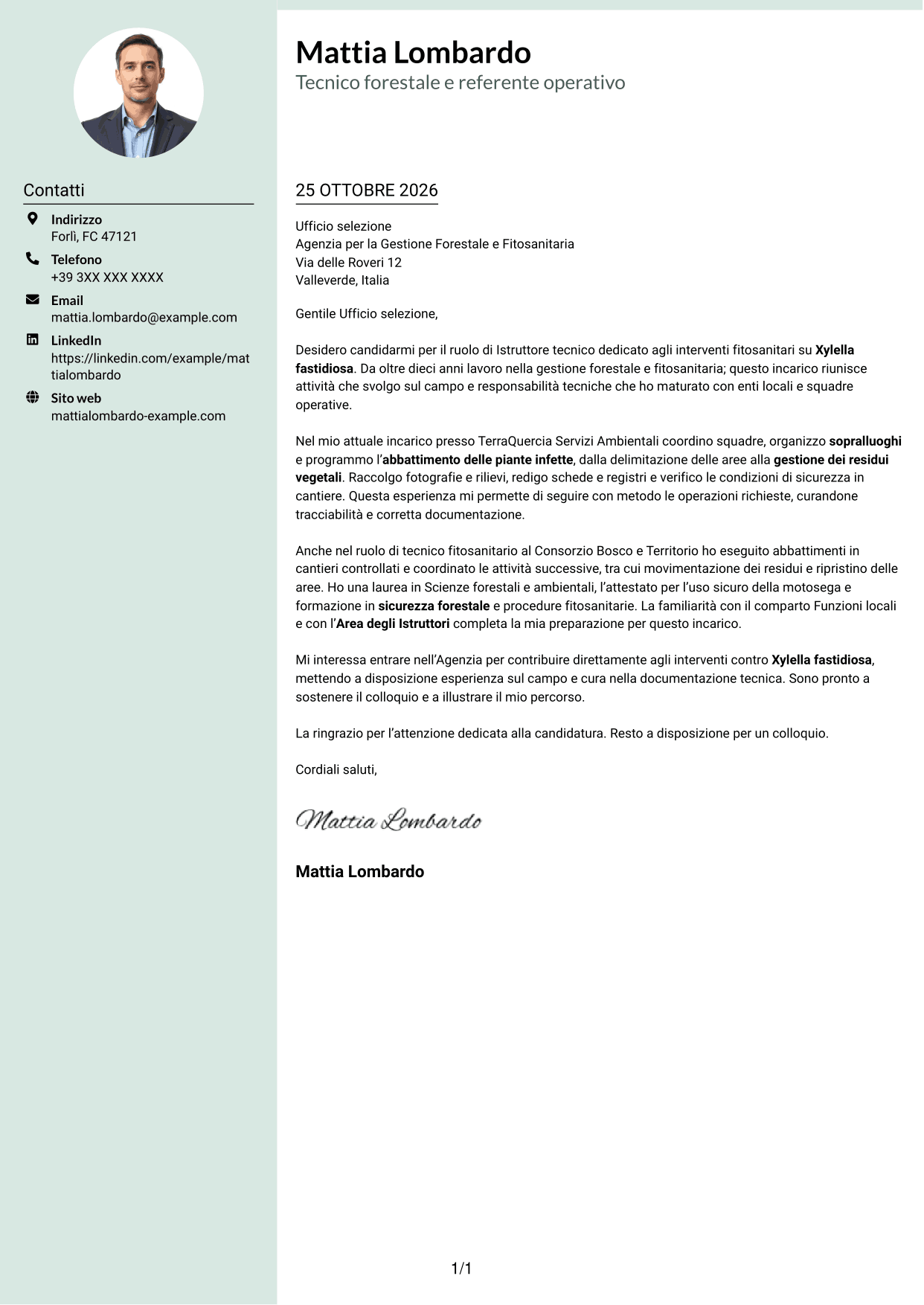 Lettera di presentazione Dirigente (formato con colonna laterale tenue e foto arrotondata): Istruttore tecnico - Interventi fitosanitari su Xylella fastidiosa, pagina 1