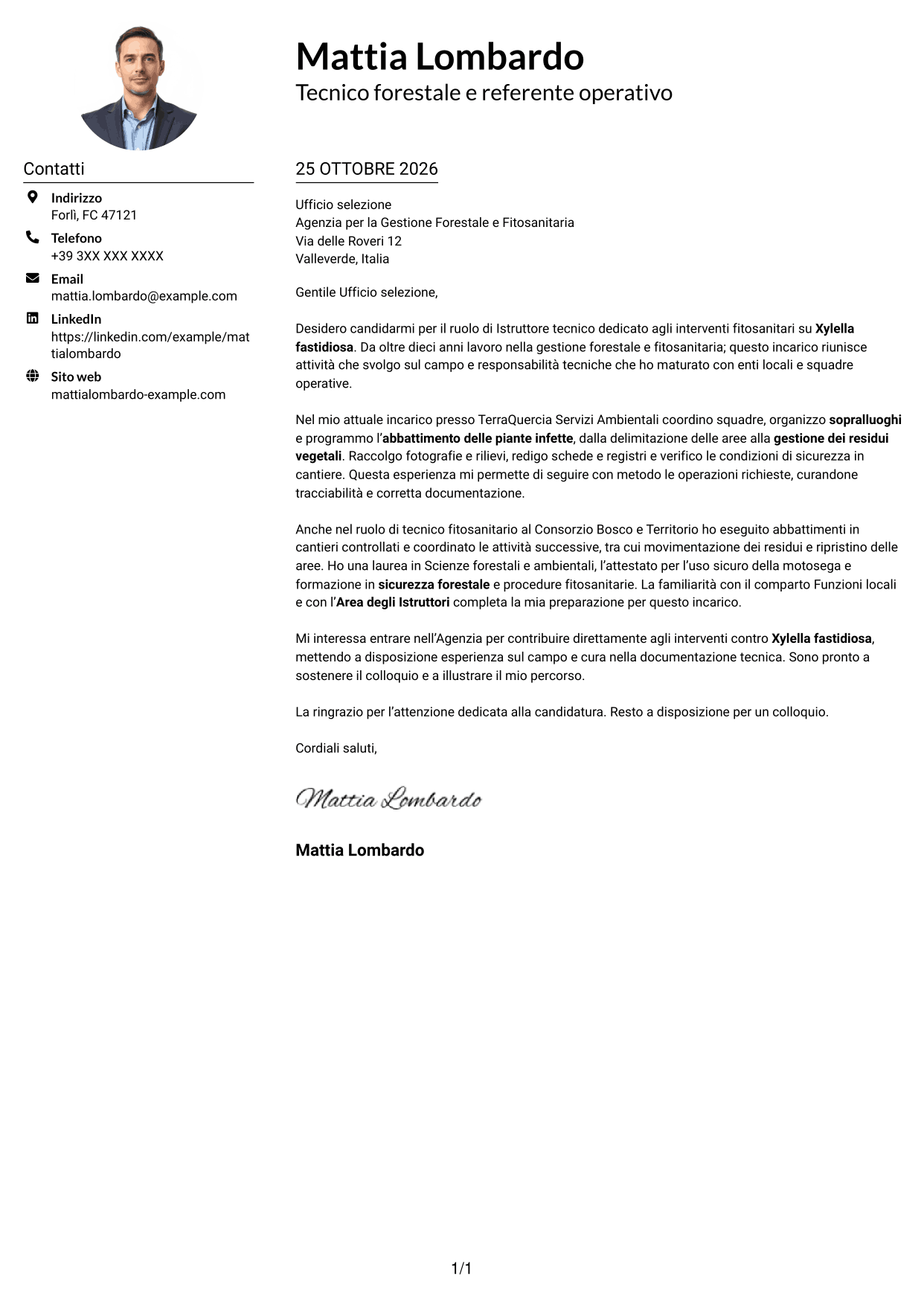 Esempio di lettera di presentazione — pagina 1