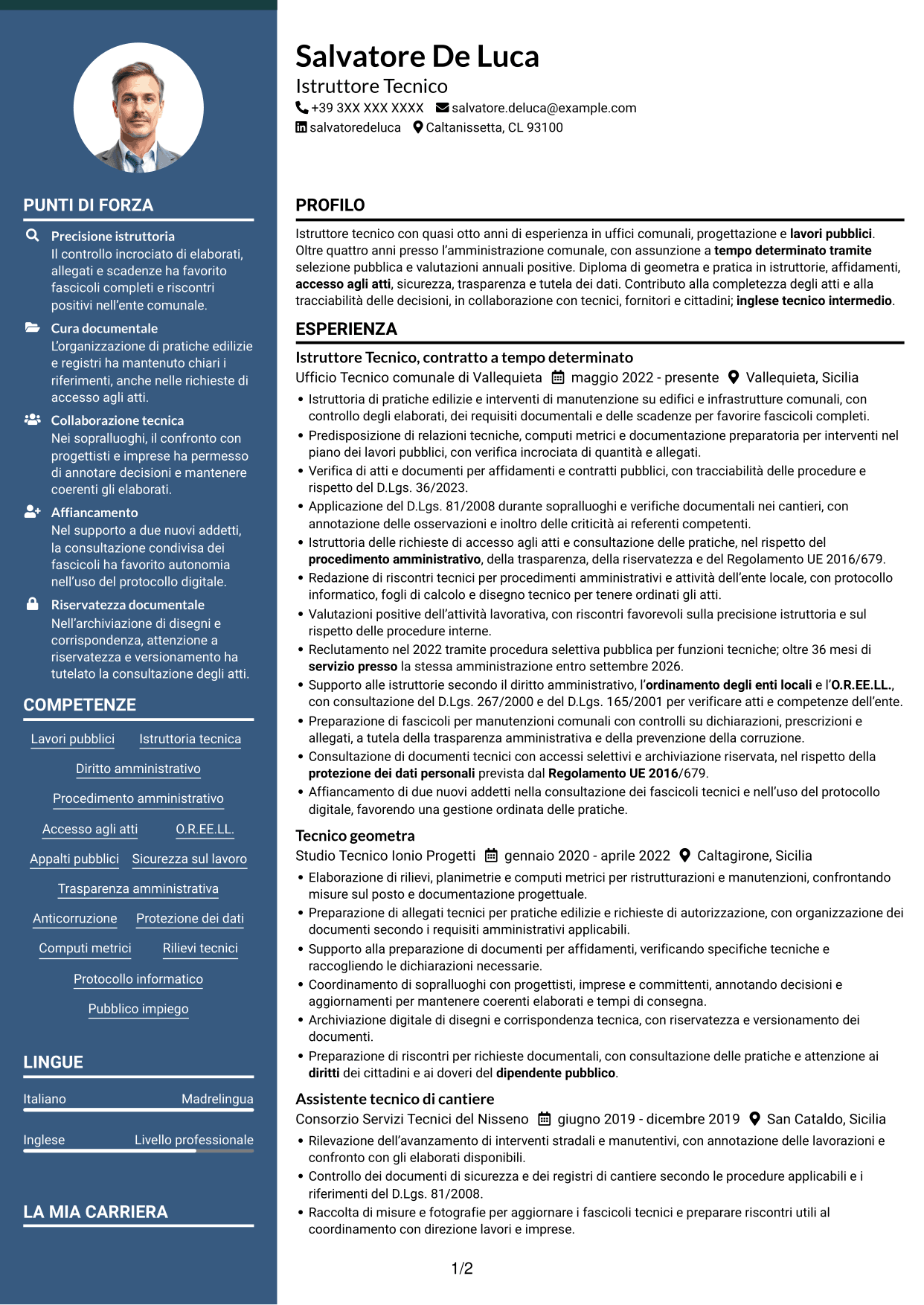 CV Elegante (formato con colonna laterale colorata e foto): Istruttore Tecnico - Lavori pubblici, pagina 1