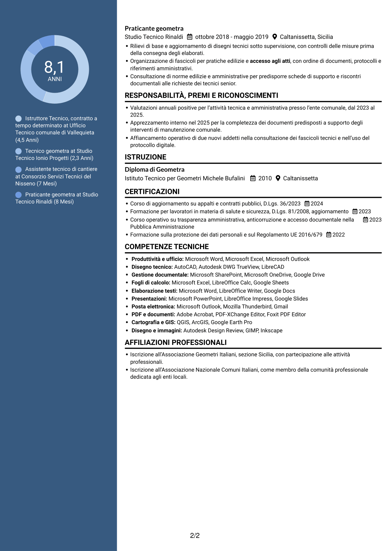 CV Elegante (formato con colonna laterale colorata e foto): Istruttore Tecnico - Lavori pubblici, pagina 2
