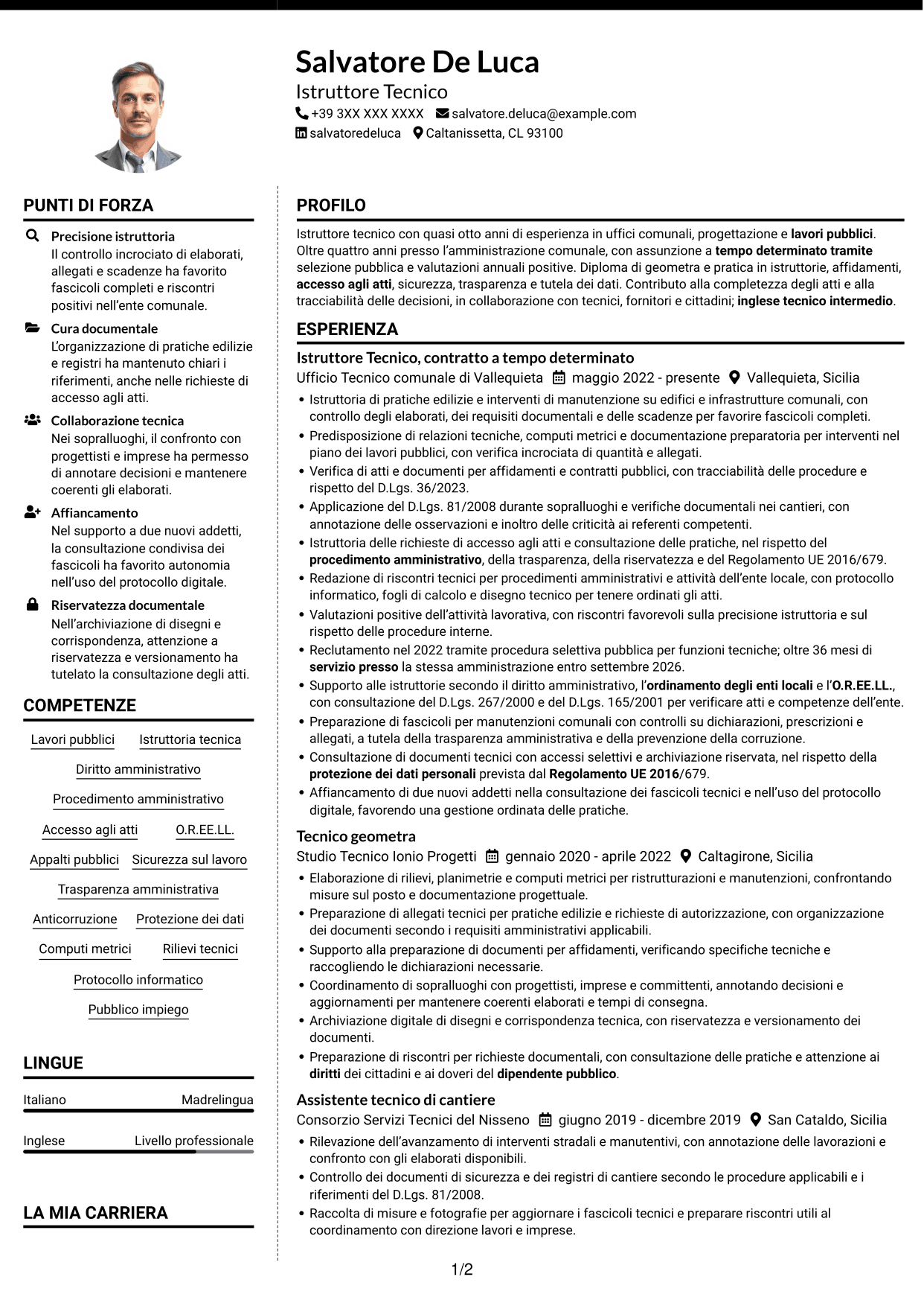 CV Moderno (formato a due colonne con foto a sinistra e separatore): Istruttore Tecnico - Lavori pubblici, pagina 1