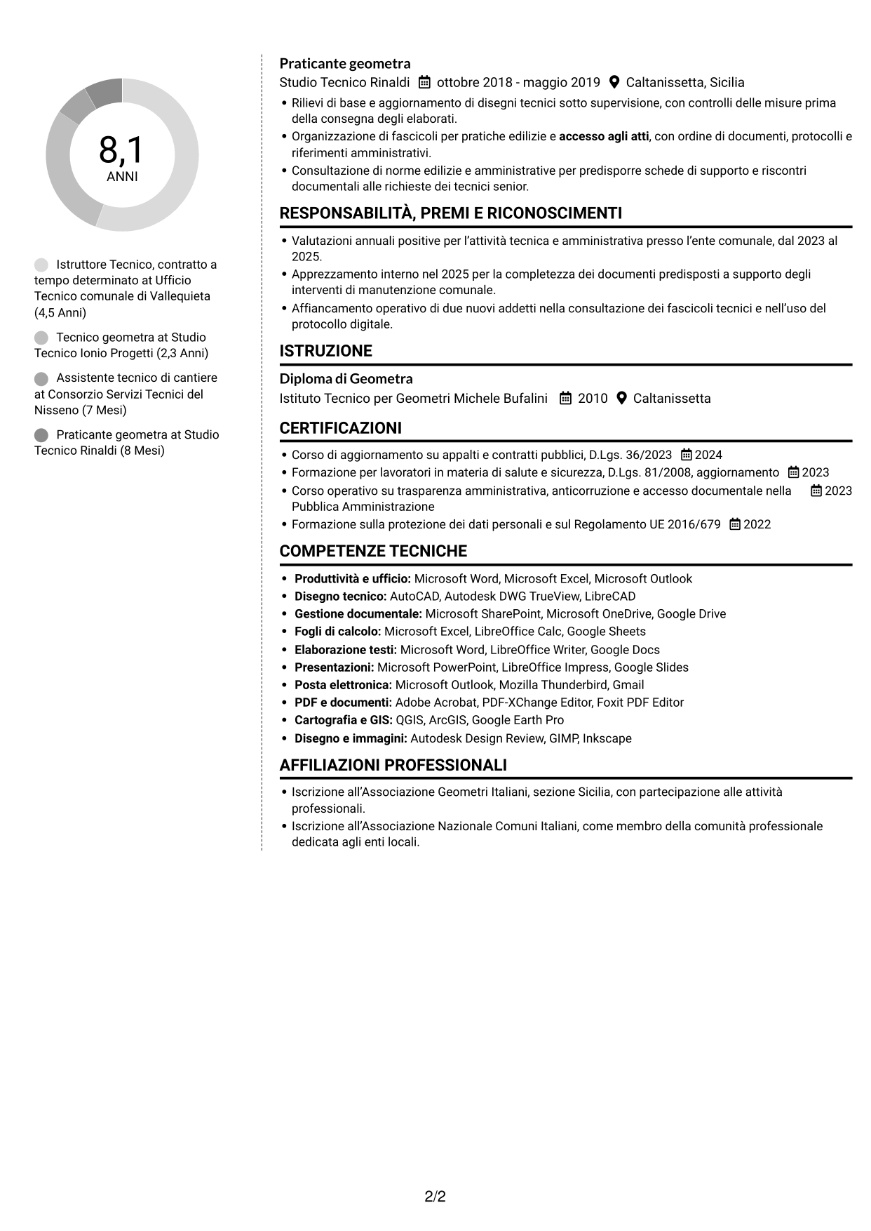 CV Moderno (formato a due colonne con foto a sinistra e separatore): Istruttore Tecnico - Lavori pubblici, pagina 2