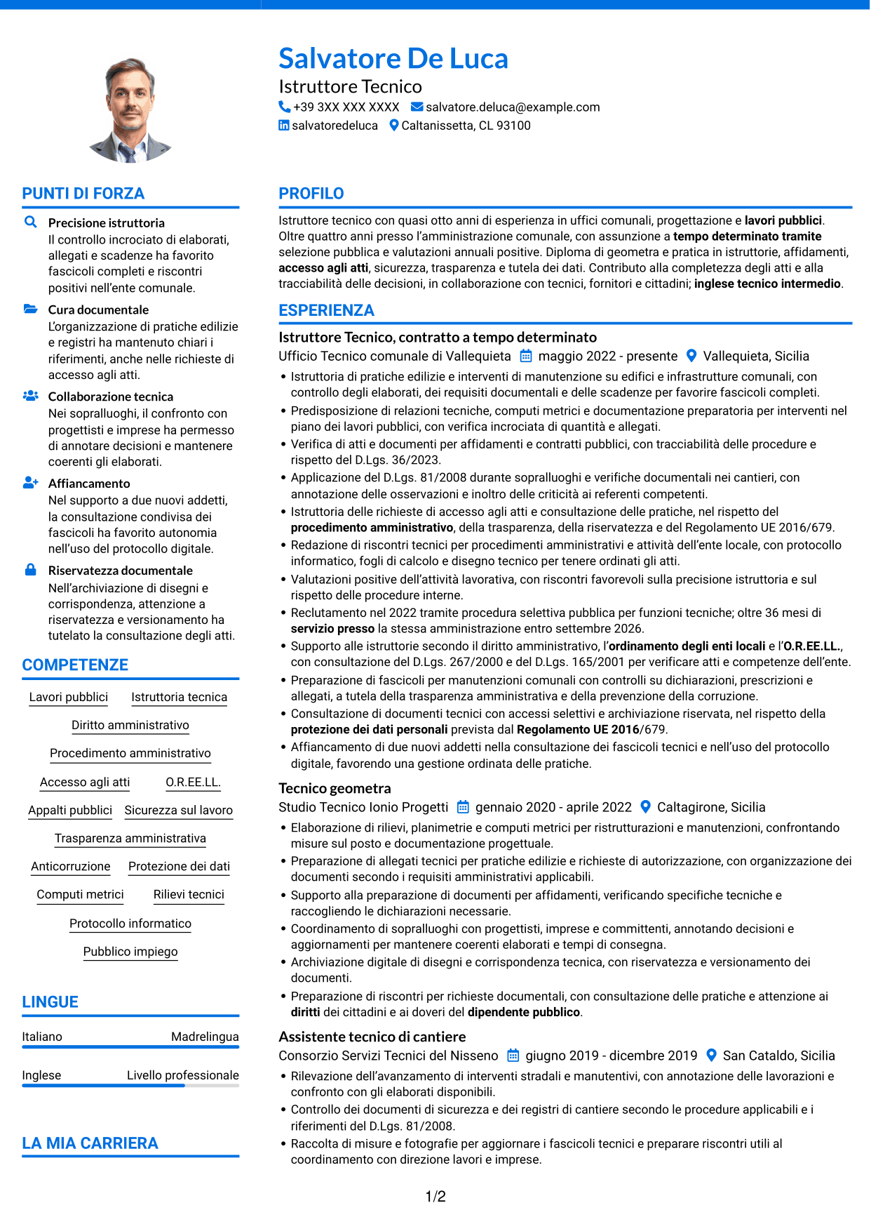 CV Audace (formato a due colonne con accenti colorati e foto): Istruttore Tecnico - Lavori pubblici, pagina 1
