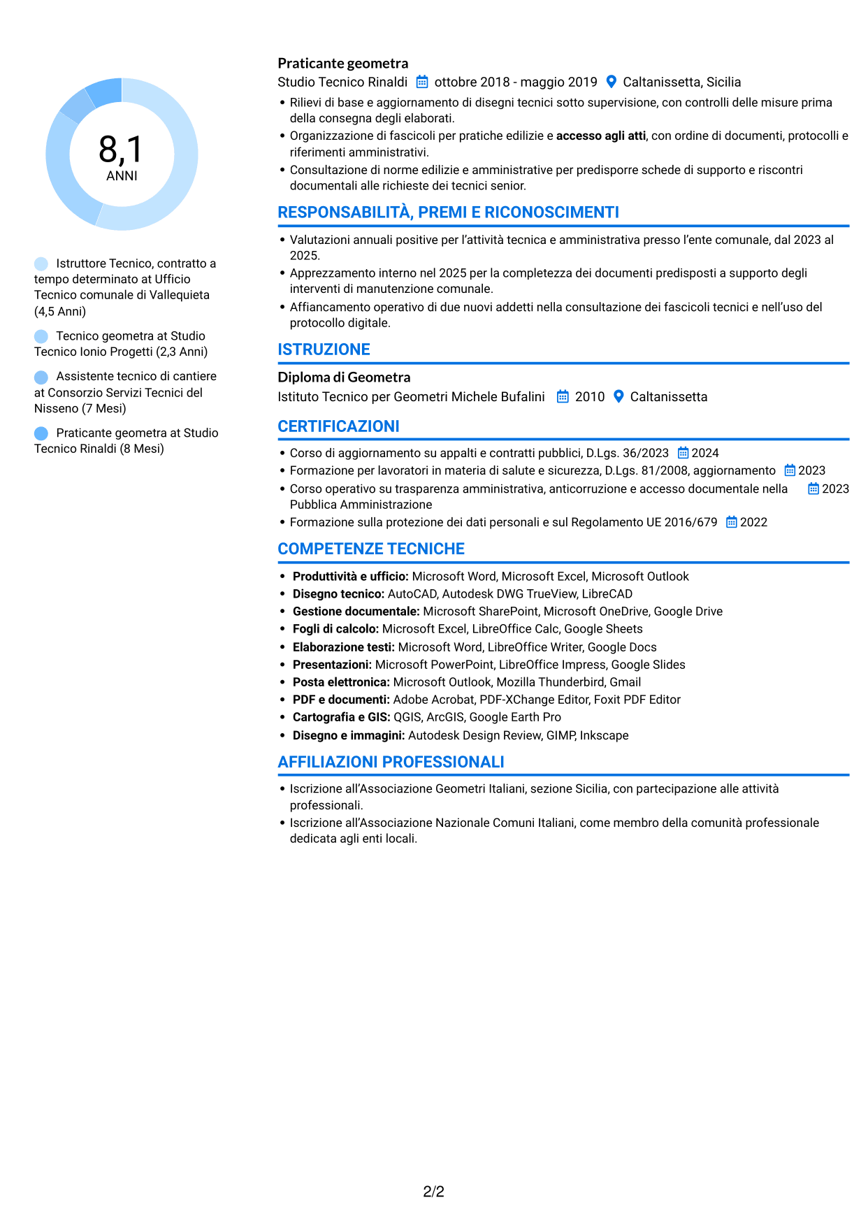 CV Audace (formato a due colonne con accenti colorati e foto): Istruttore Tecnico - Lavori pubblici, pagina 2