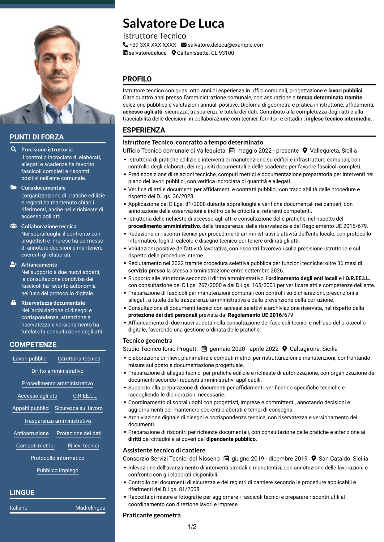 CV Signature (formato con colonna laterale colorata e foto grande): Istruttore Tecnico - Lavori pubblici, pagina 1