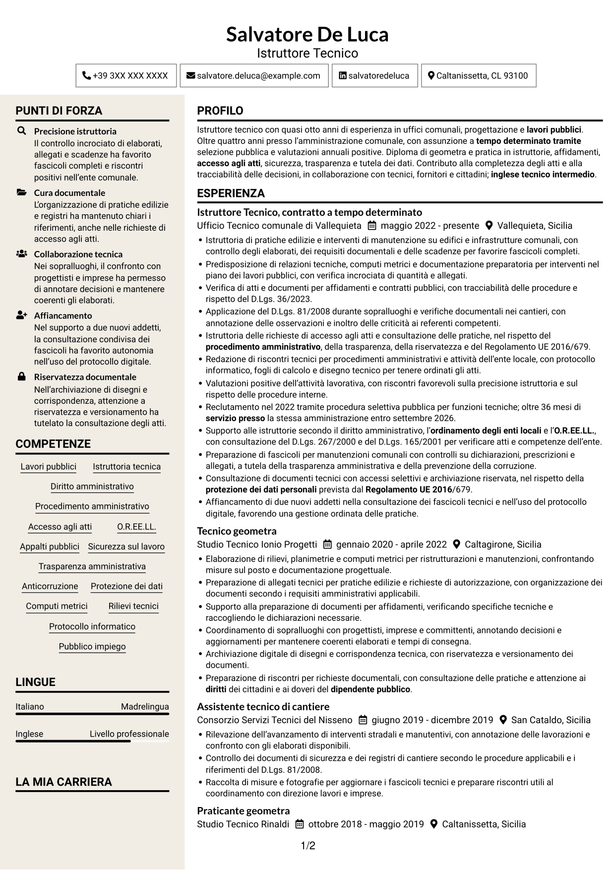 CV Intraprendente (formato a due colonne con intestazione centrata senza foto): Istruttore Tecnico - Lavori pubblici, pagina 1