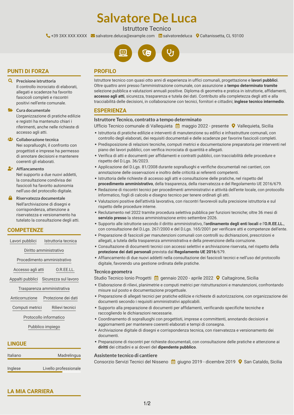 CV Dinamico (formato a due colonne con icone): Istruttore Tecnico - Lavori pubblici, pagina 1